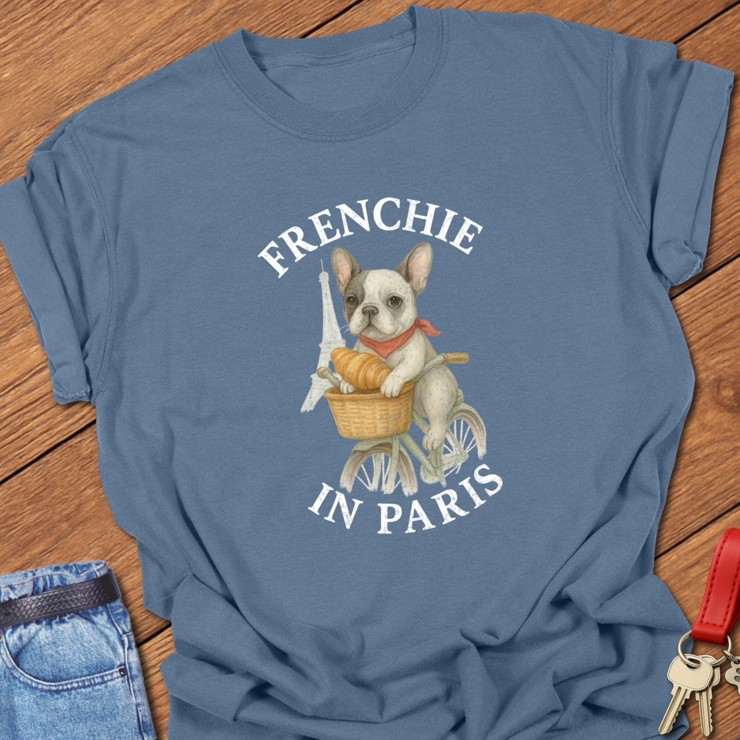 French bulldog Paris bicycle illustration printed on blue jean Comfort Colors t shirt