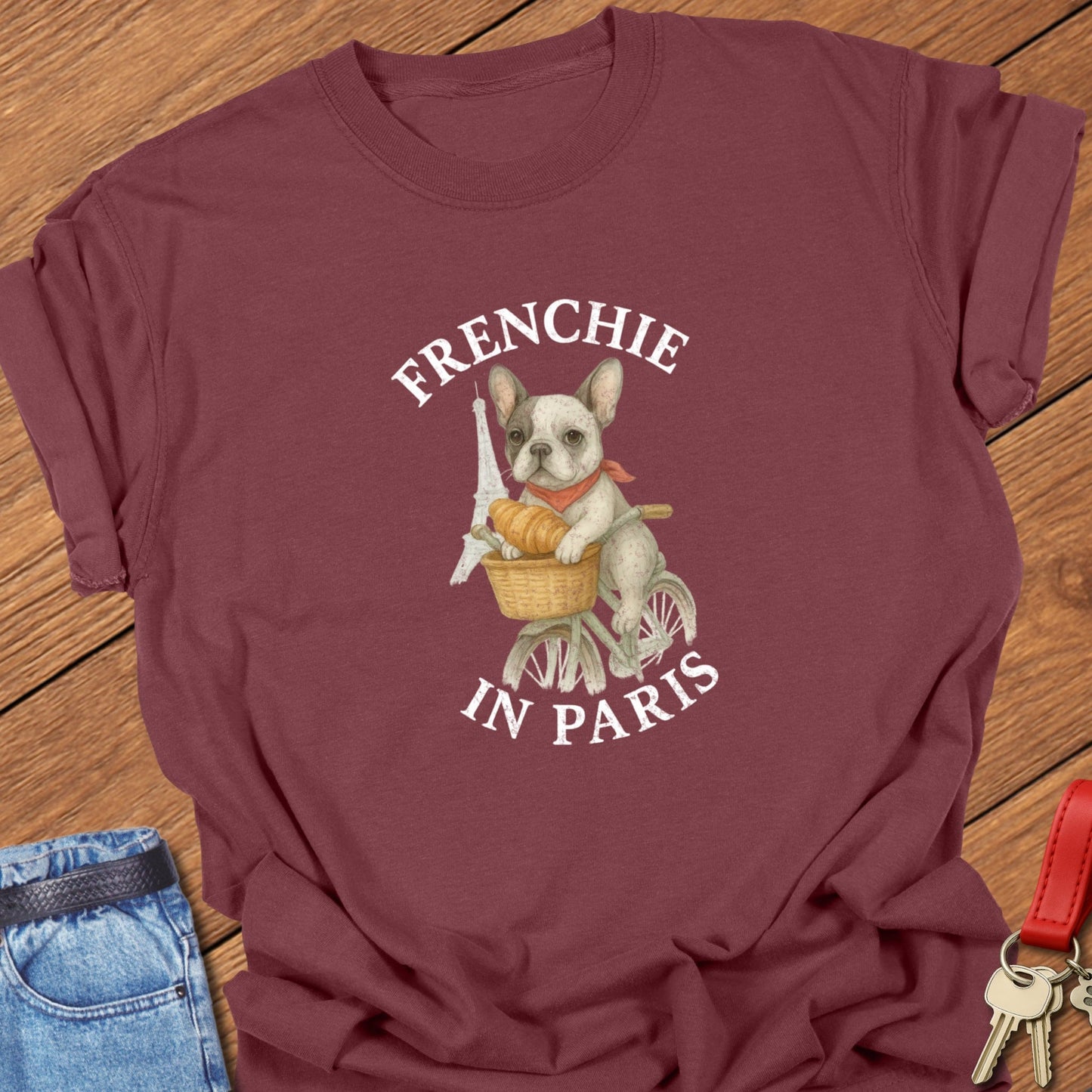French bulldog Paris bicycle illustration printed on brick Comfort Colors t shirt