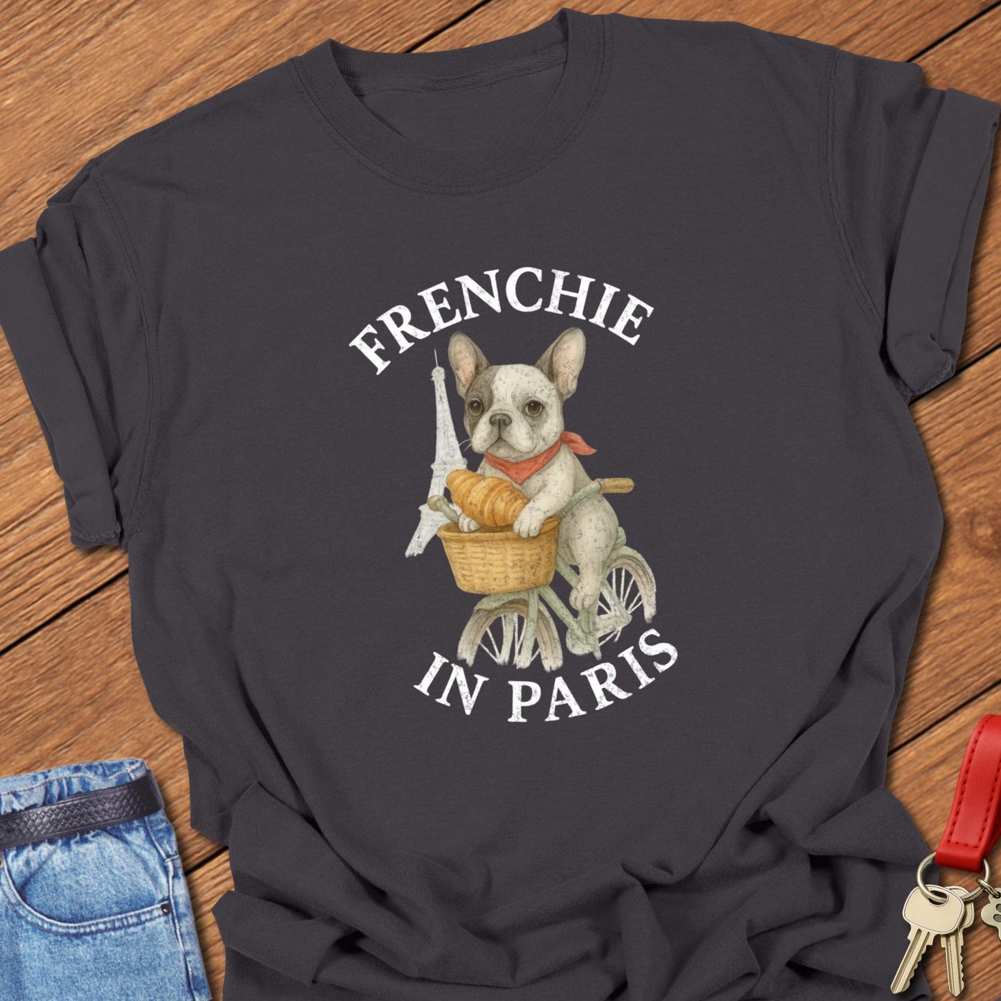 French bulldog Paris bicycle illustration printed on graphite Comfort Colors t shirt