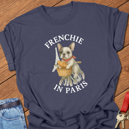 French bulldog Paris bicycle illustration printed on navy Comfort Colors t shirt