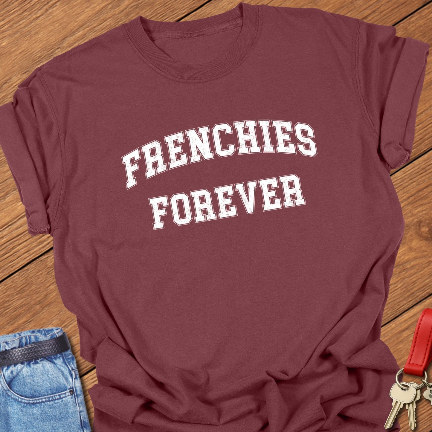 French bulldog forever varsity-style distressed typography printed on brick Comfort Colors t shirt