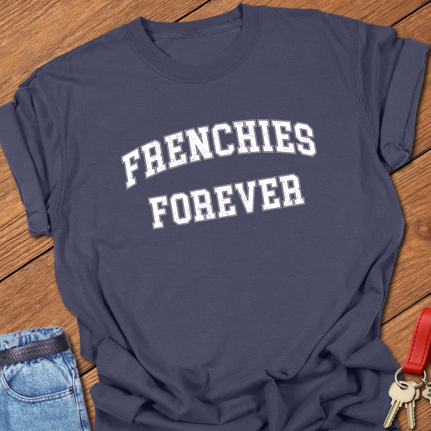 French bulldog forever varsity-style distressed typography printed on navy Comfort Colors t shirt