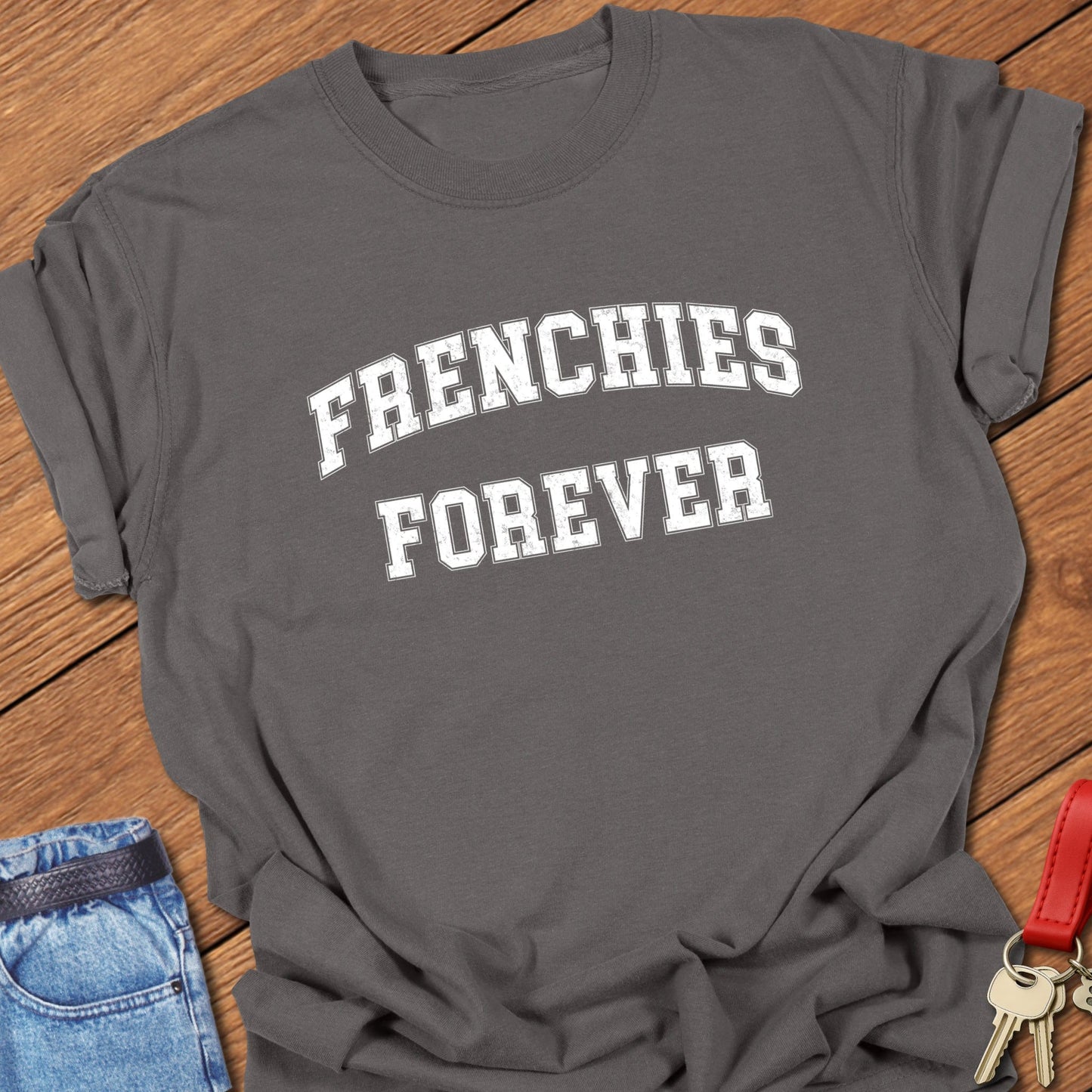 French bulldog forever varsity-style distressed typography printed on pepper Comfort Colors t shirt