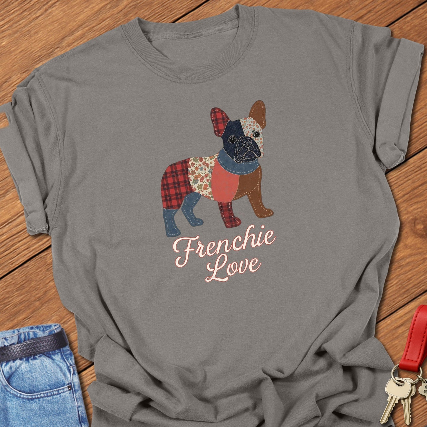 French bulldog patchwork-style illustration with “Frenchie Love” script text printed on grey Comfort Colors t shirt