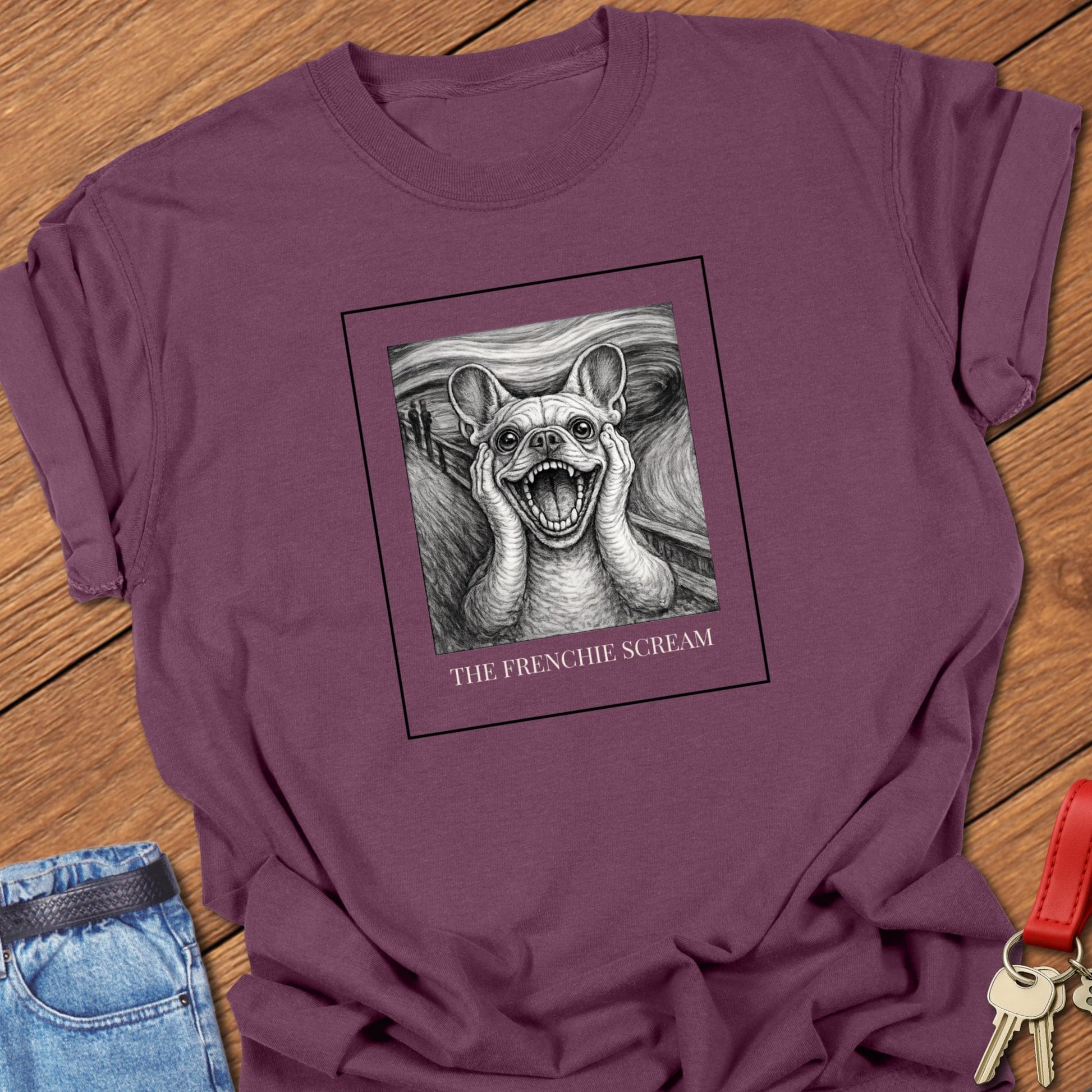French Bulldog art parody illustration inspired by Edvard Munch’s famous painting The Scream, featuring a dramatic Frenchie expression on a museum-style graphic t-shirt in Berry.
