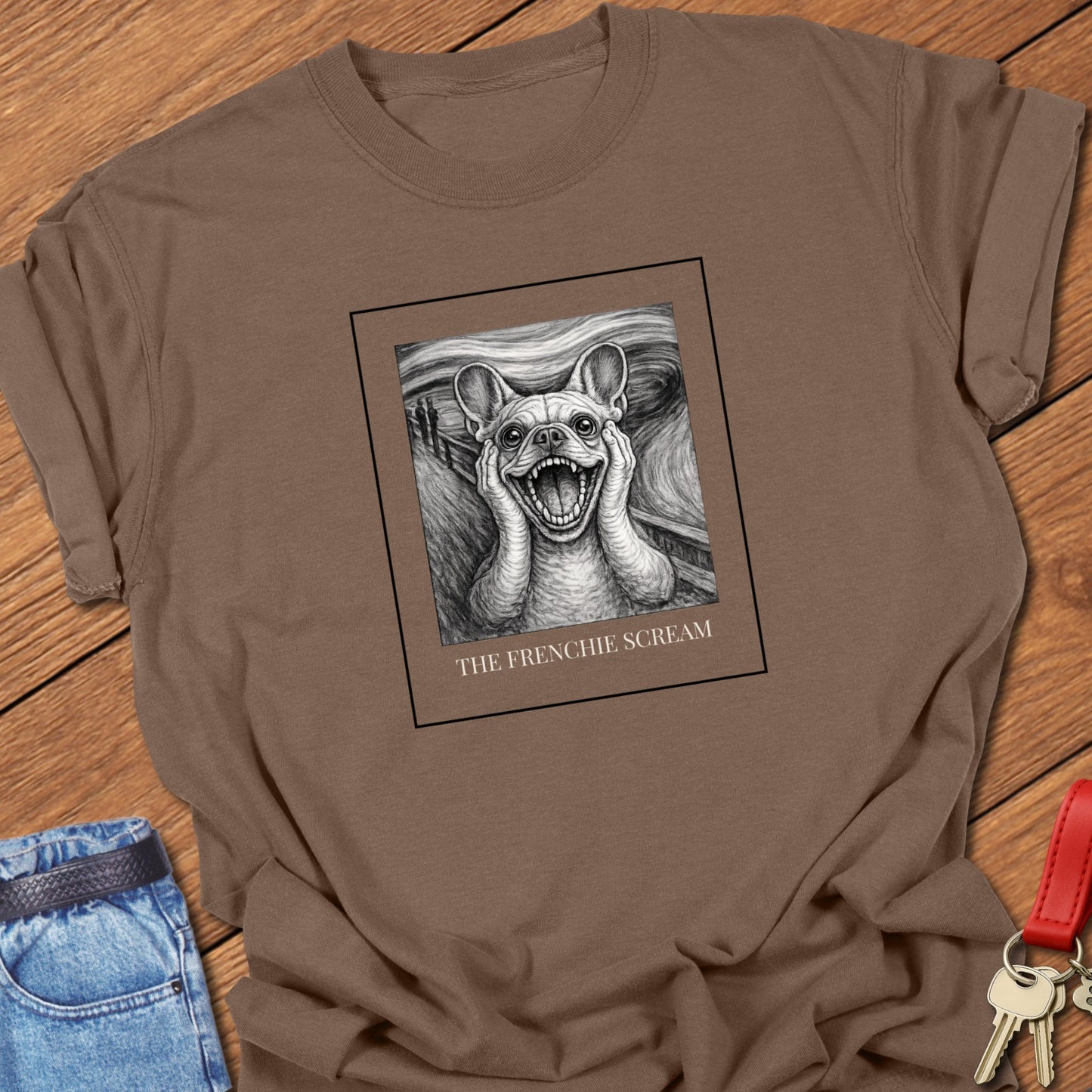French Bulldog art parody illustration inspired by Edvard Munch’s famous painting The Scream, featuring a dramatic Frenchie expression on a museum-style graphic t-shirt in Espresso.