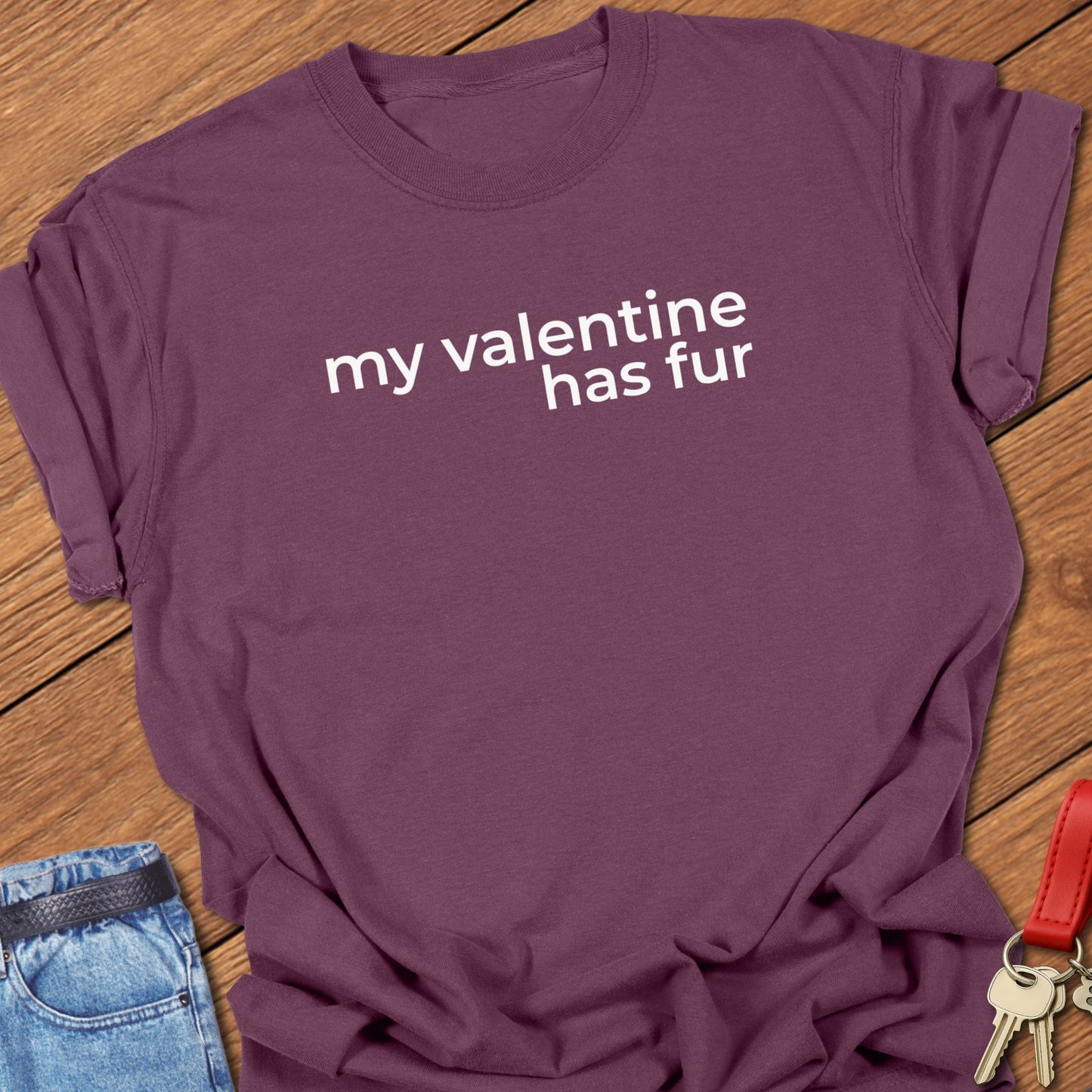 French bulldog my valentine has fur text graphic printed on berry Comfort Colors t shirt.