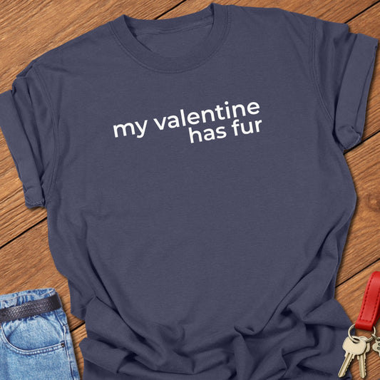 French bulldog my valentine has fur text graphic printed on navy Comfort Colors t shirt.