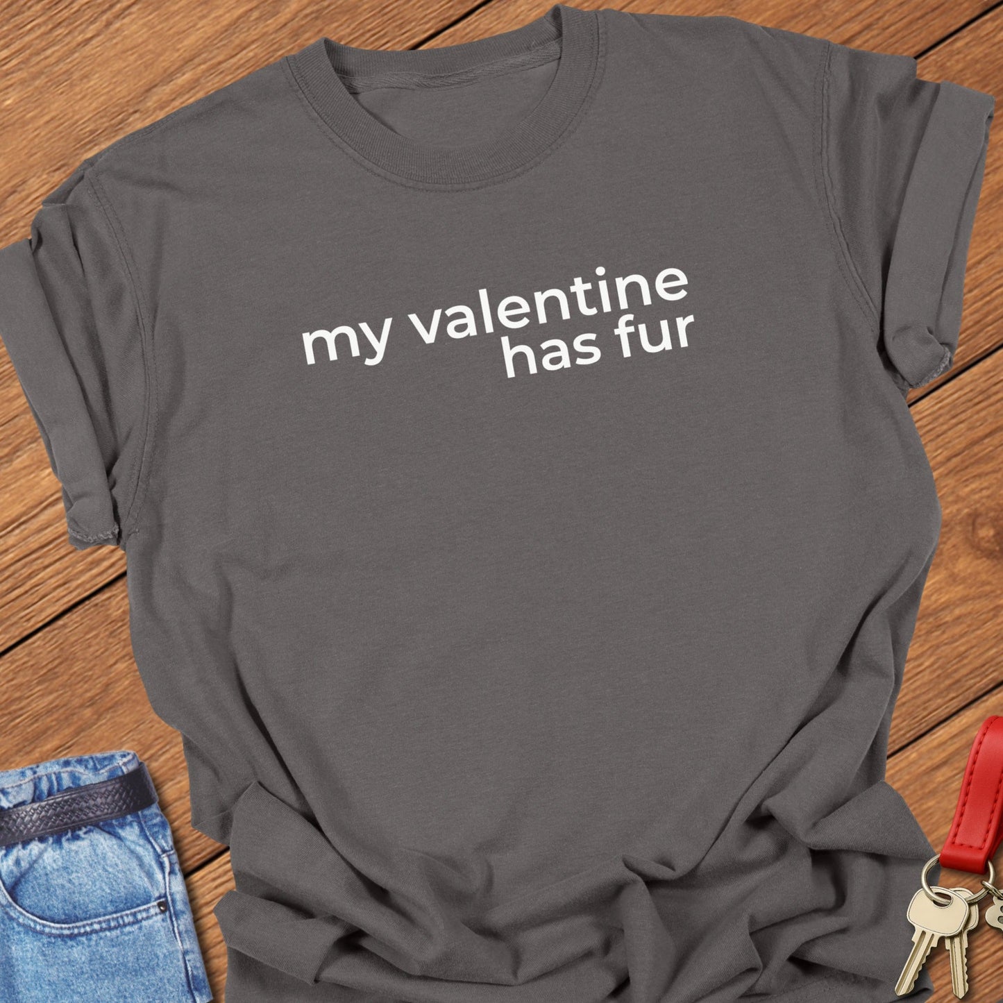 French bulldog my valentine has fur text graphic printed on pepper Comfort Colors t shirt.