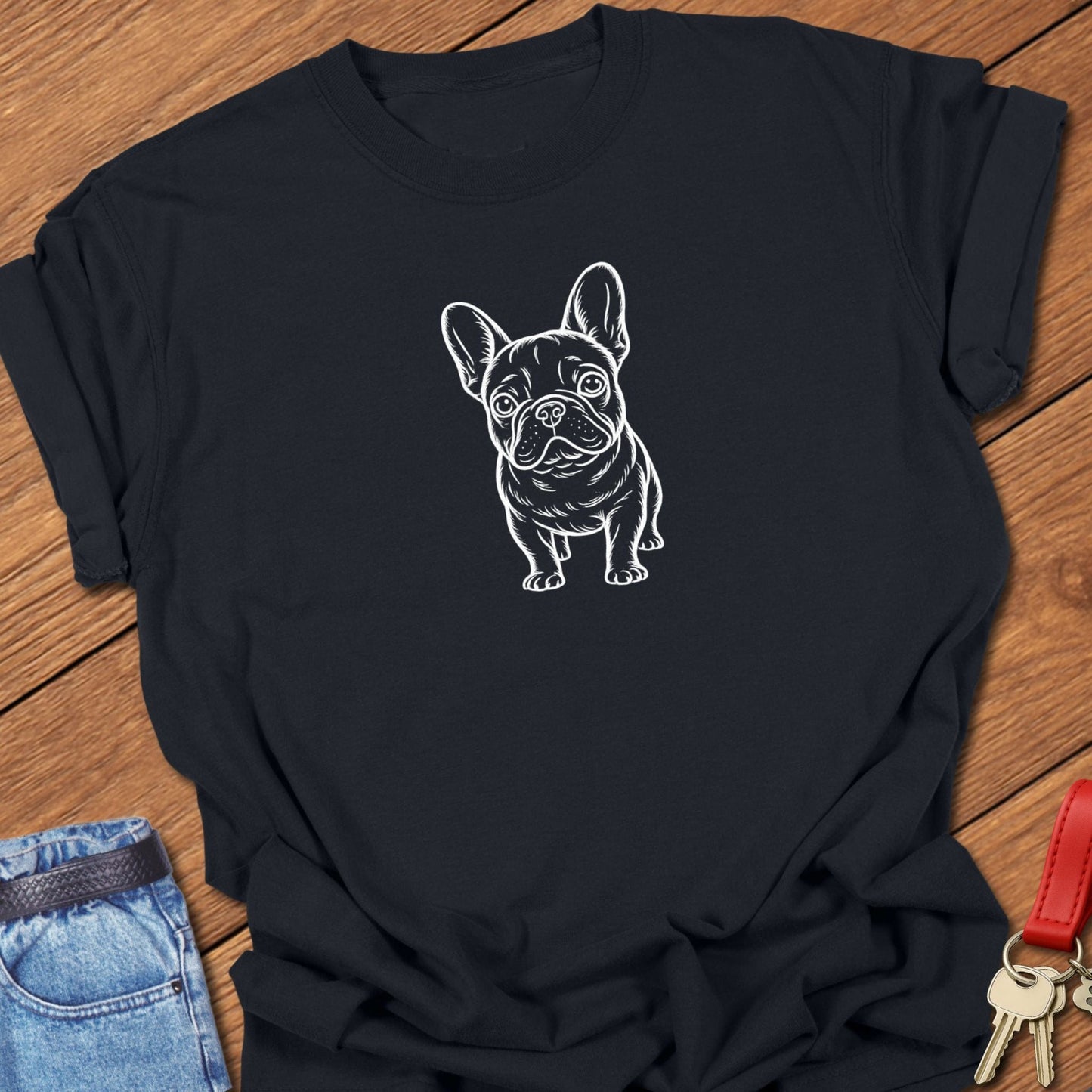 French bulldog line art standing graphic printed on black Comfort Colors t shirt.