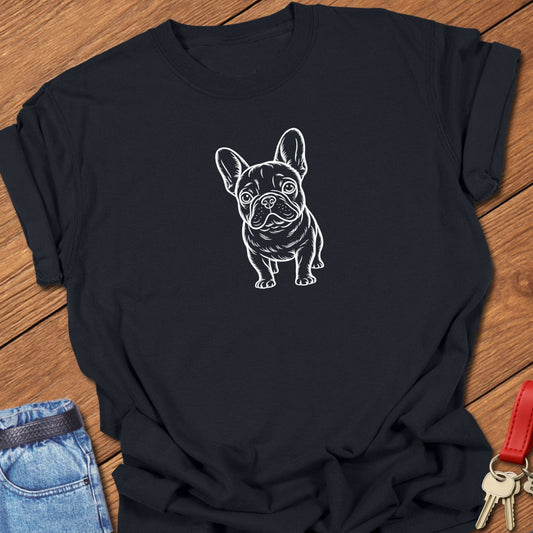 French bulldog line art standing graphic printed on black Comfort Colors t shirt.