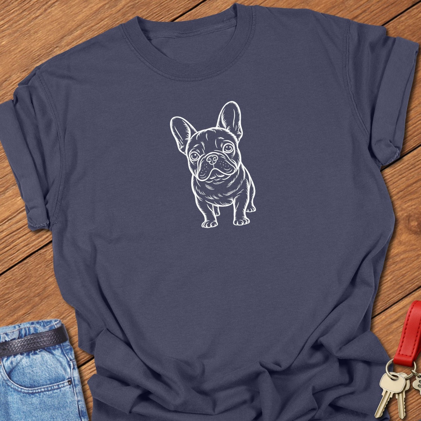 French bulldog line art standing graphic printed on espresso Comfort Colors t shirt.