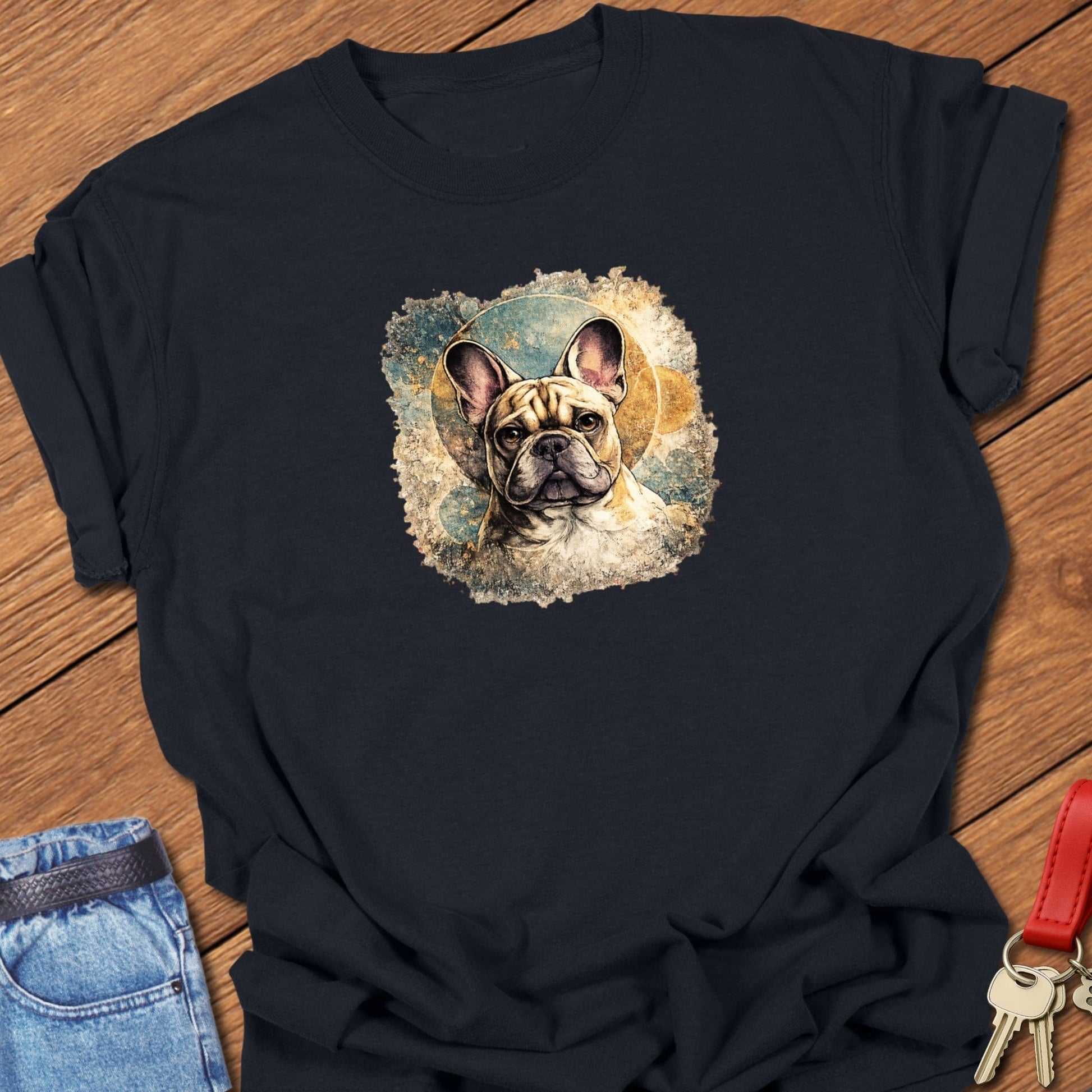 French bulldog artistic portrait illustration graphic printed on black Comfort Colors t shirt.