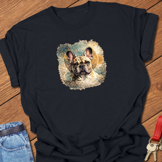 French bulldog artistic portrait illustration graphic printed on black Comfort Colors t shirt.