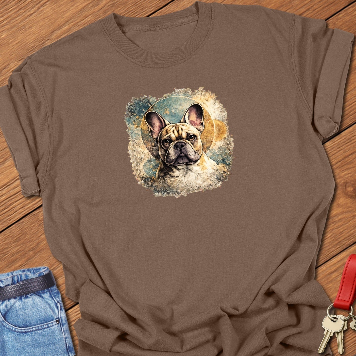 French bulldog artistic portrait illustration graphic printed on espresso Comfort Colors t shirt.