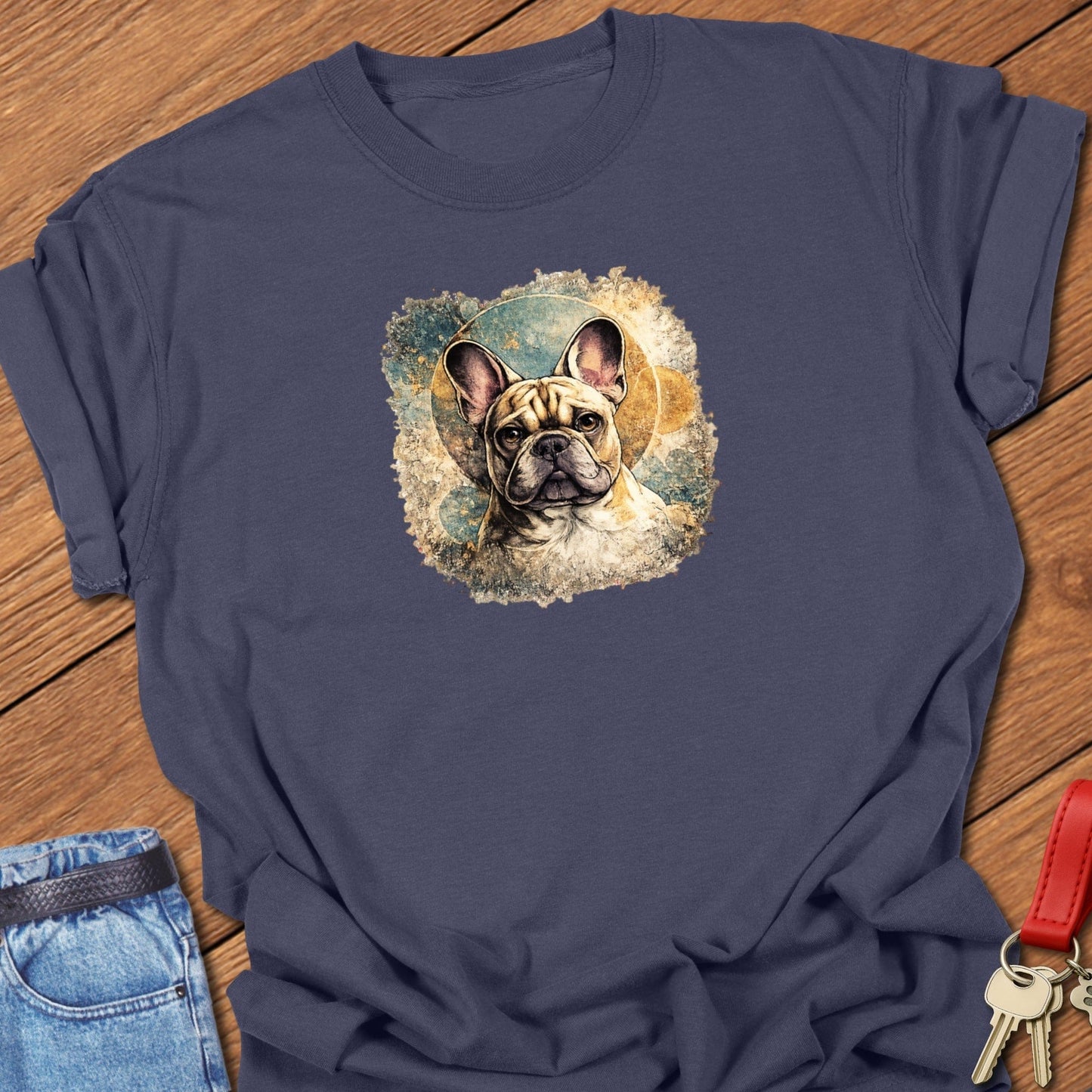 French bulldog artistic portrait illustration graphic printed on navy Comfort Colors t shirt.