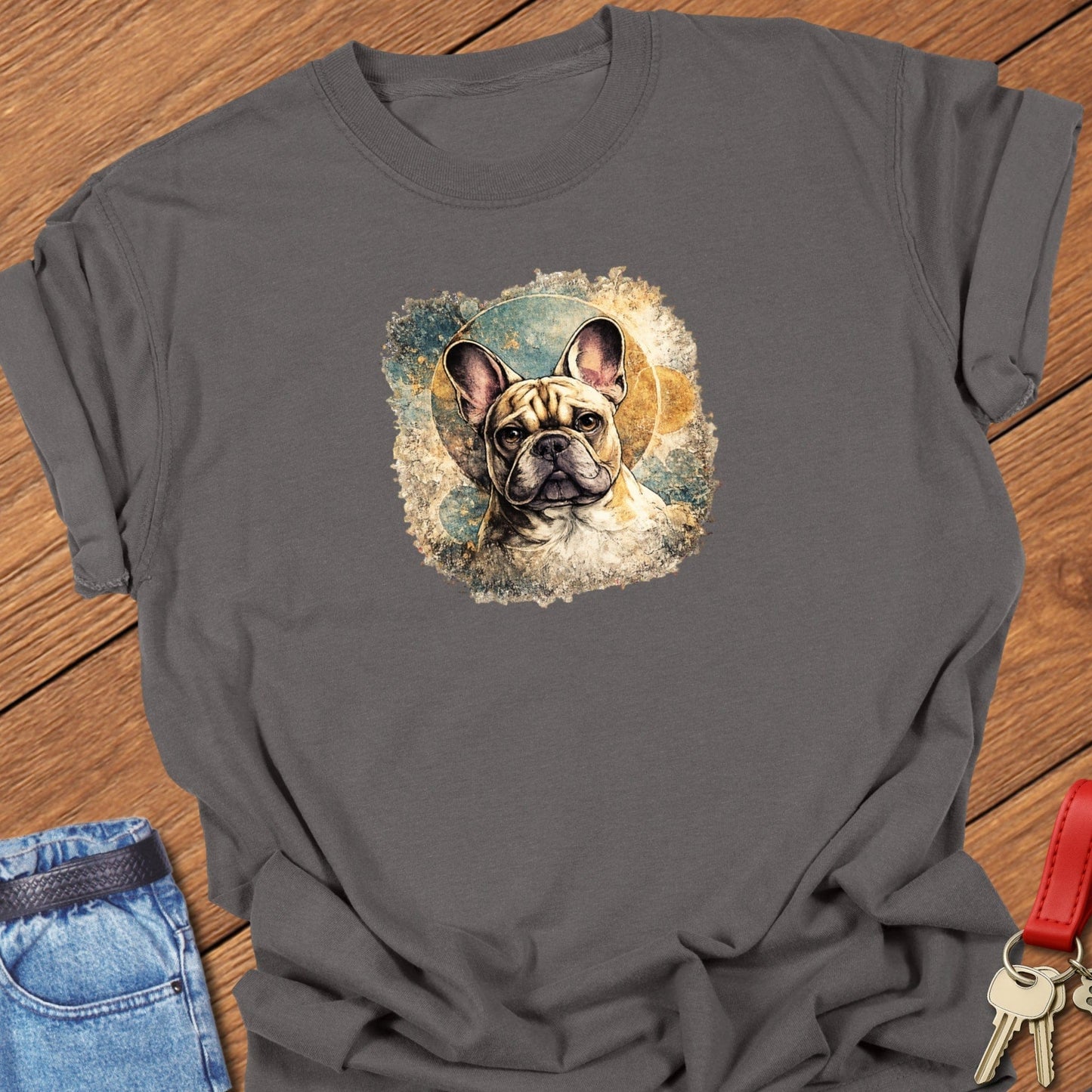 French bulldog artistic portrait illustration graphic printed on pepper Comfort Colors t shirt.