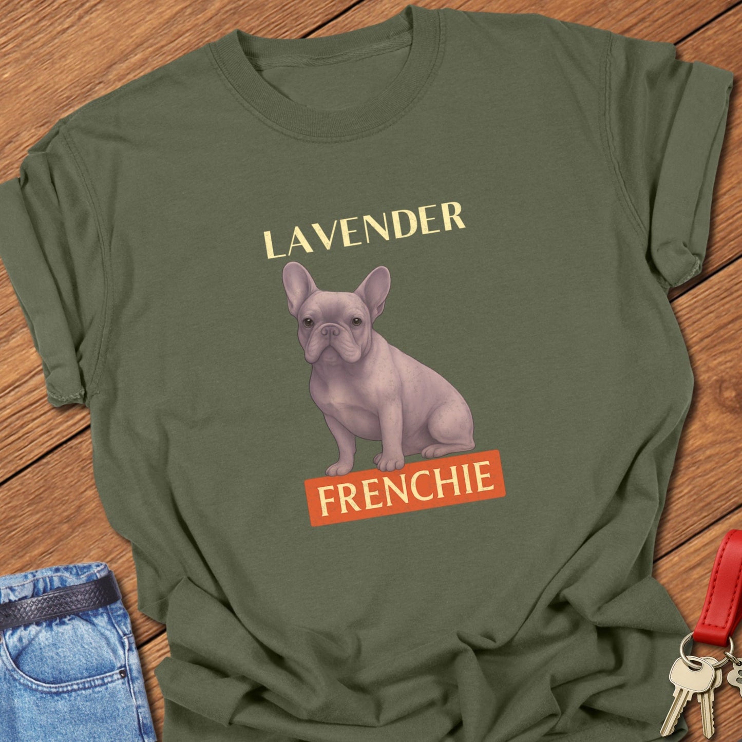 French bulldog lavender illustration with pastel Frenchie graphic and bold typography printed on hemp Comfort Colors t shirt