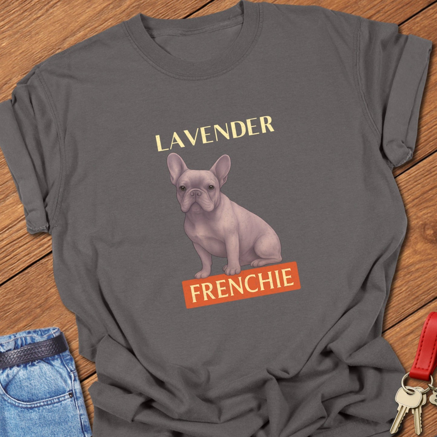 French bulldog lavender illustration with pastel Frenchie graphic and bold typography printed on pepper Comfort Colors t shirt