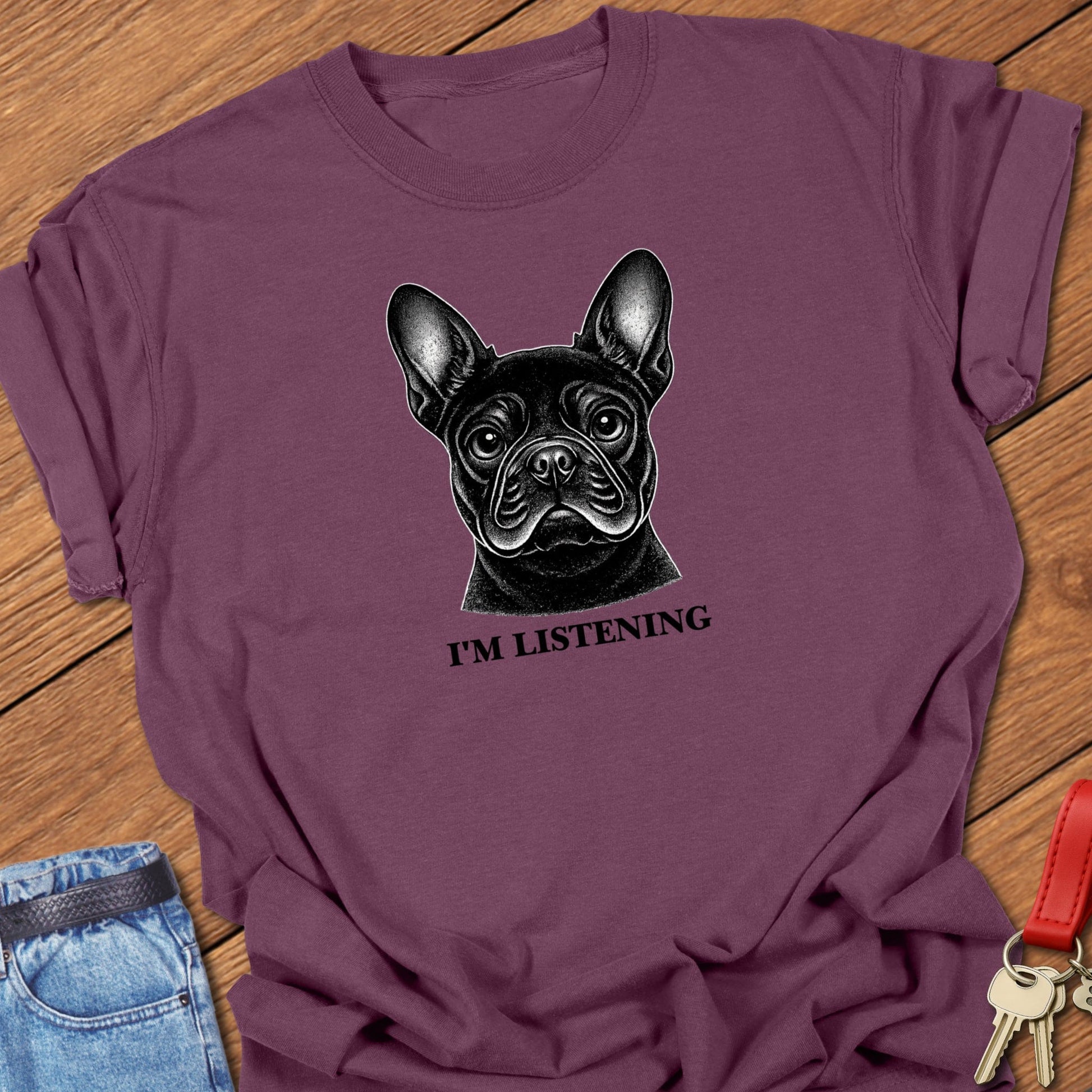 French bulldog i’m listening portrait graphic printed on berry Comfort Colors t shirt.