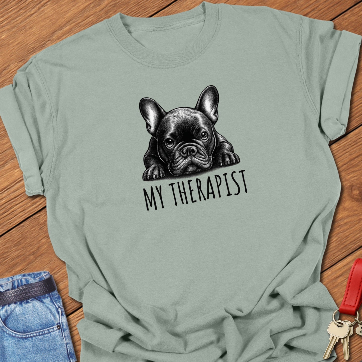 French bulldog therapist illustration printed on bay Comfort Colors t shirt