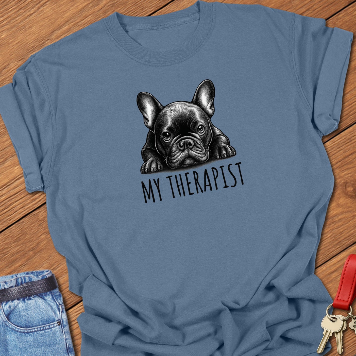 French bulldog therapist illustration printed on blue jean Comfort Colors t shirt