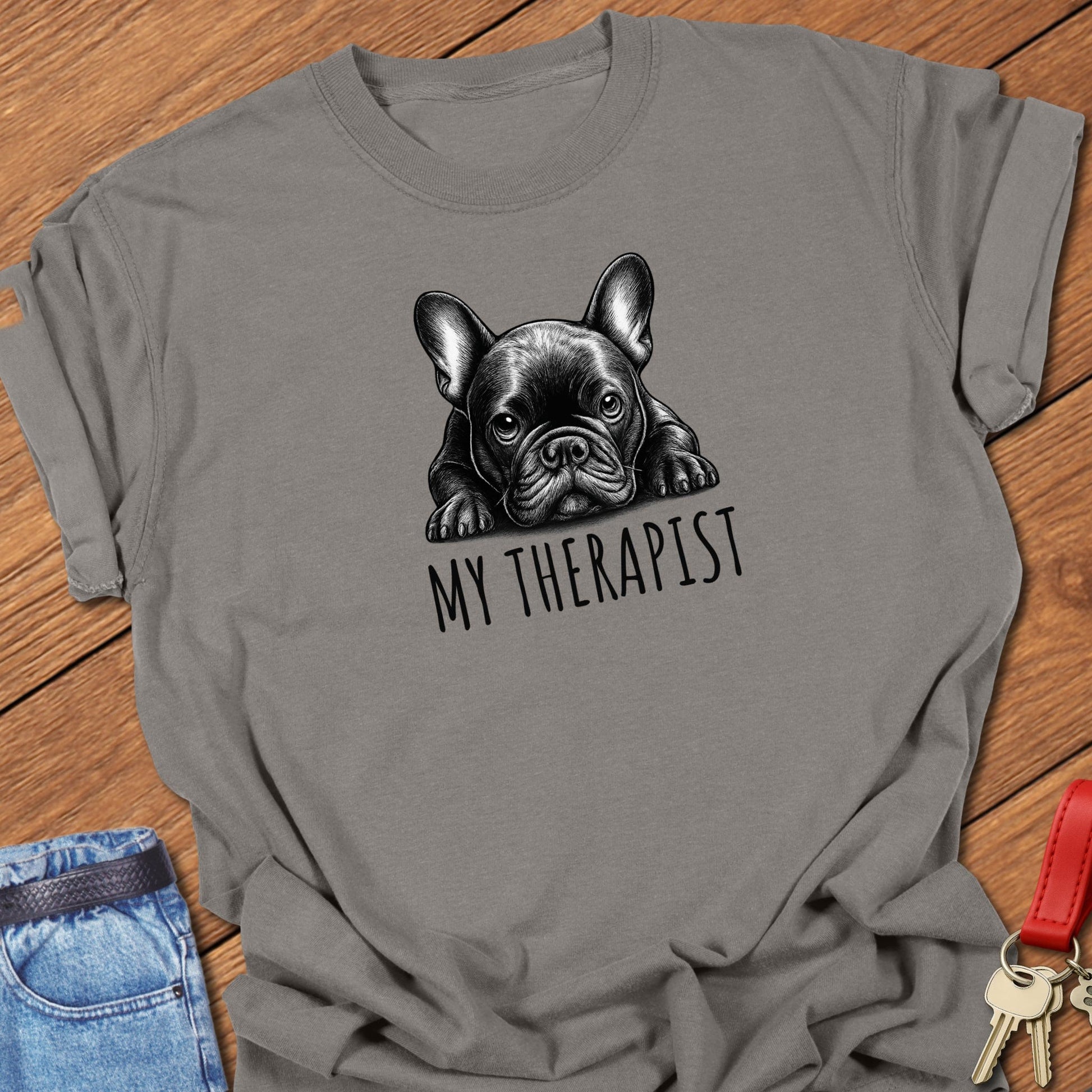 French bulldog therapist illustration printed on grey Comfort Colors t shirt
