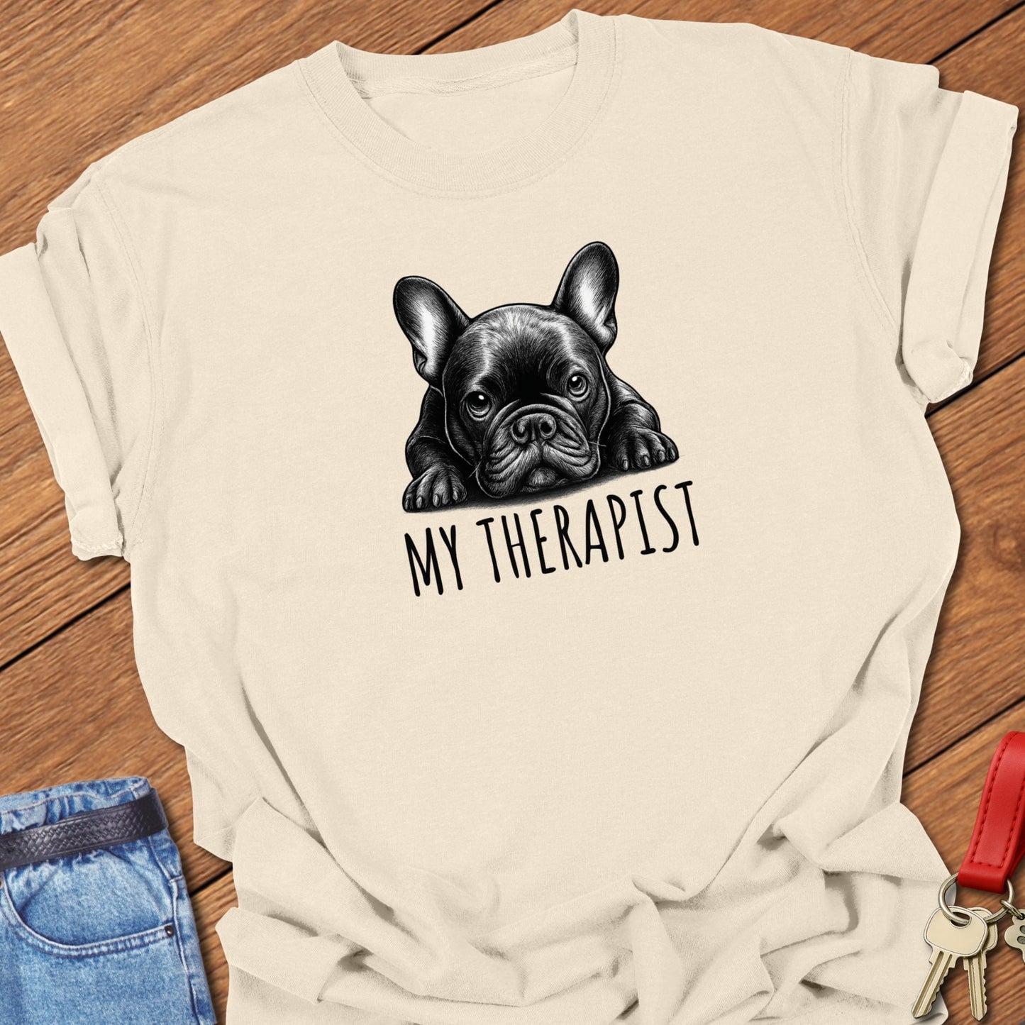 French bulldog therapist illustration printed on ivory Comfort Colors t shirt