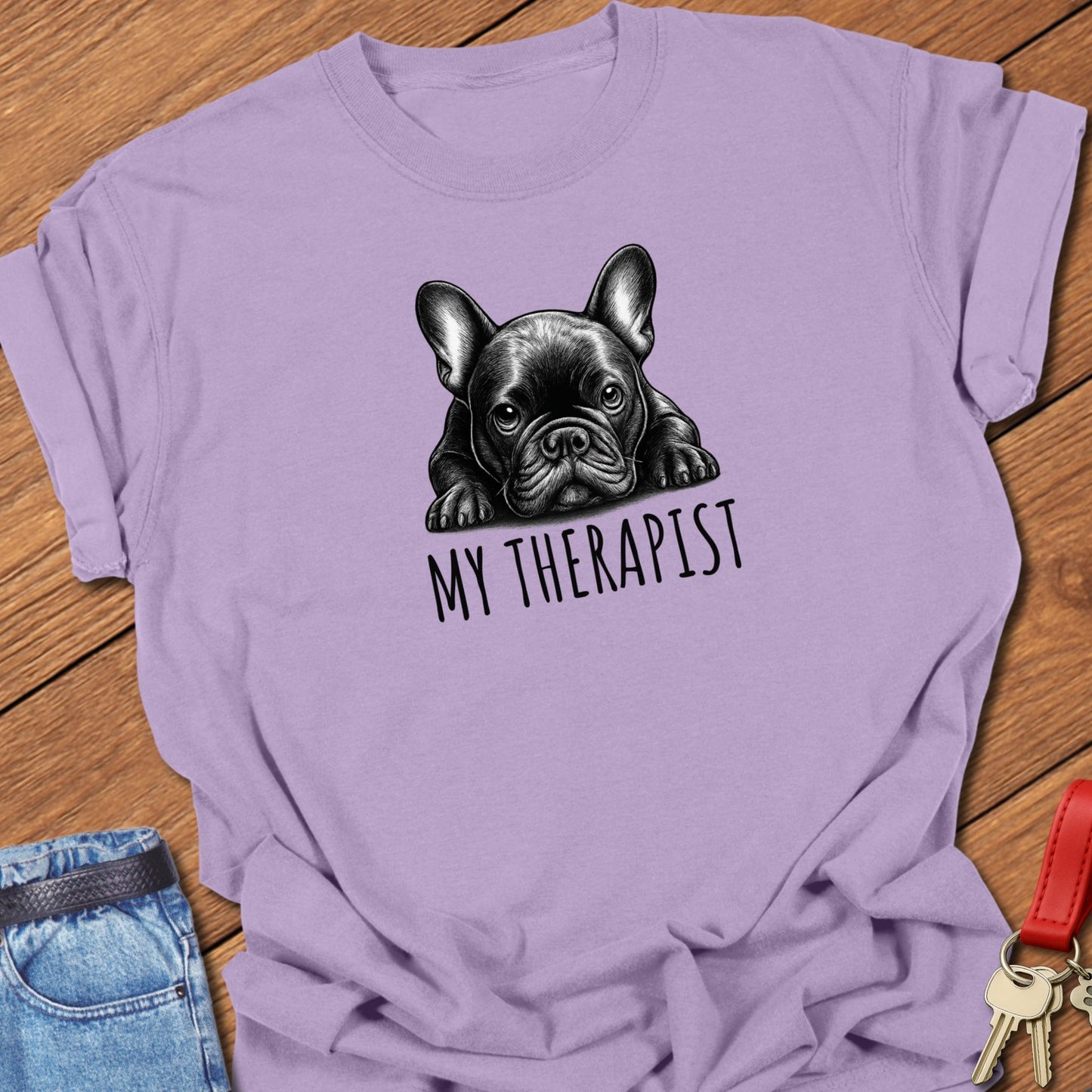 French bulldog therapist illustration printed on orchid Comfort Colors t shirt