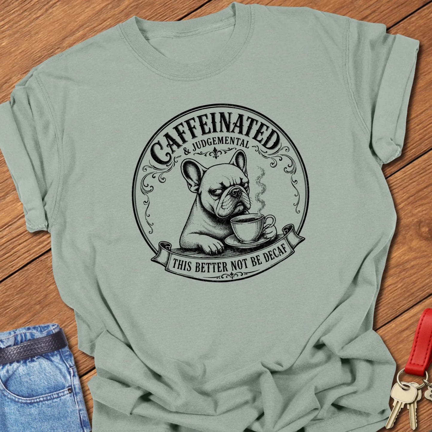 No Decaf French Bulldog graphic t-shirt featuring "Caffeinated & Judgemental" and "This Better Not Be Decaf" slogans with vintage café artwork in Bay color.