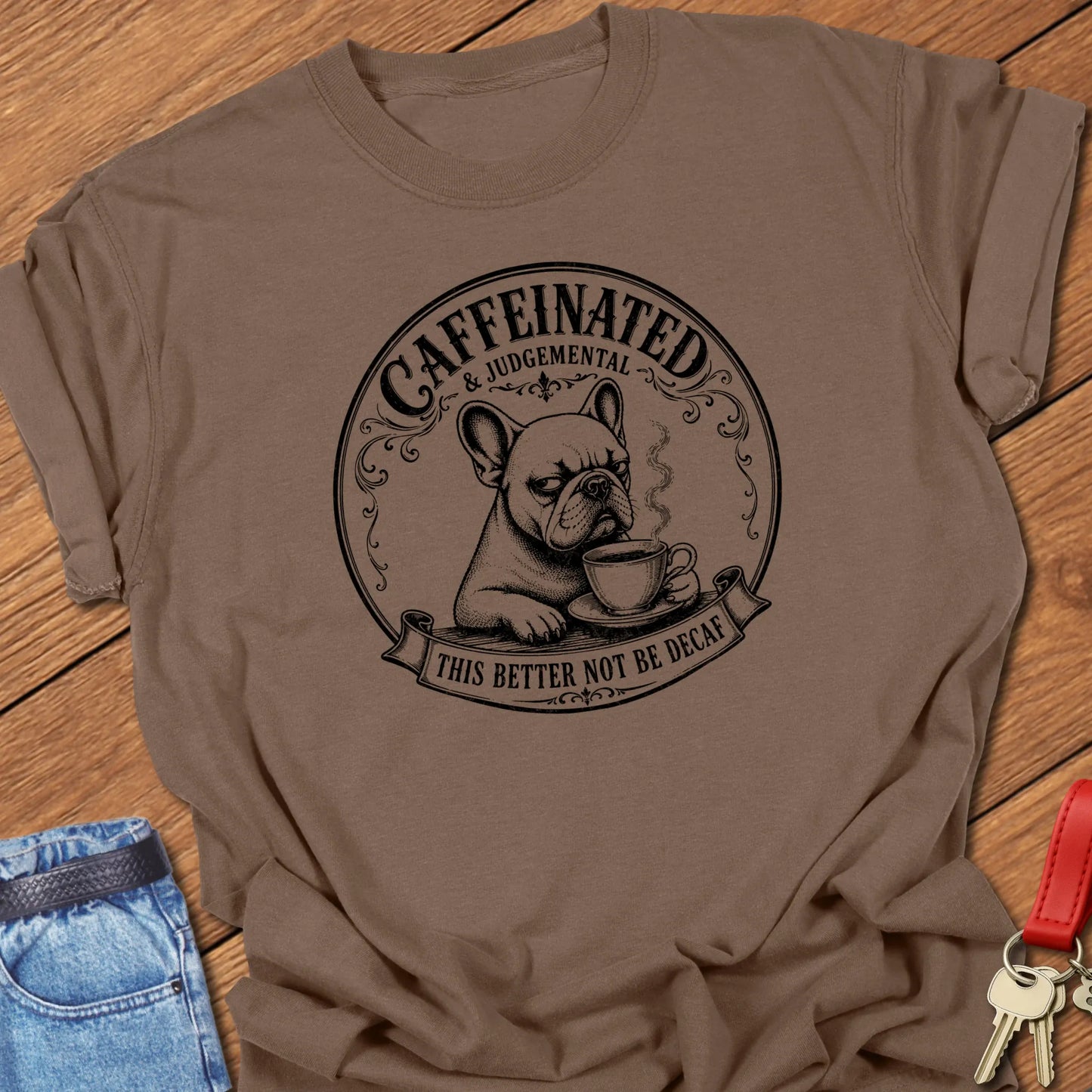 No Decaf French Bulldog graphic t-shirt featuring "Caffeinated & Judgemental" and "This Better Not Be Decaf" slogans with vintage café artwork in Espresso color.
