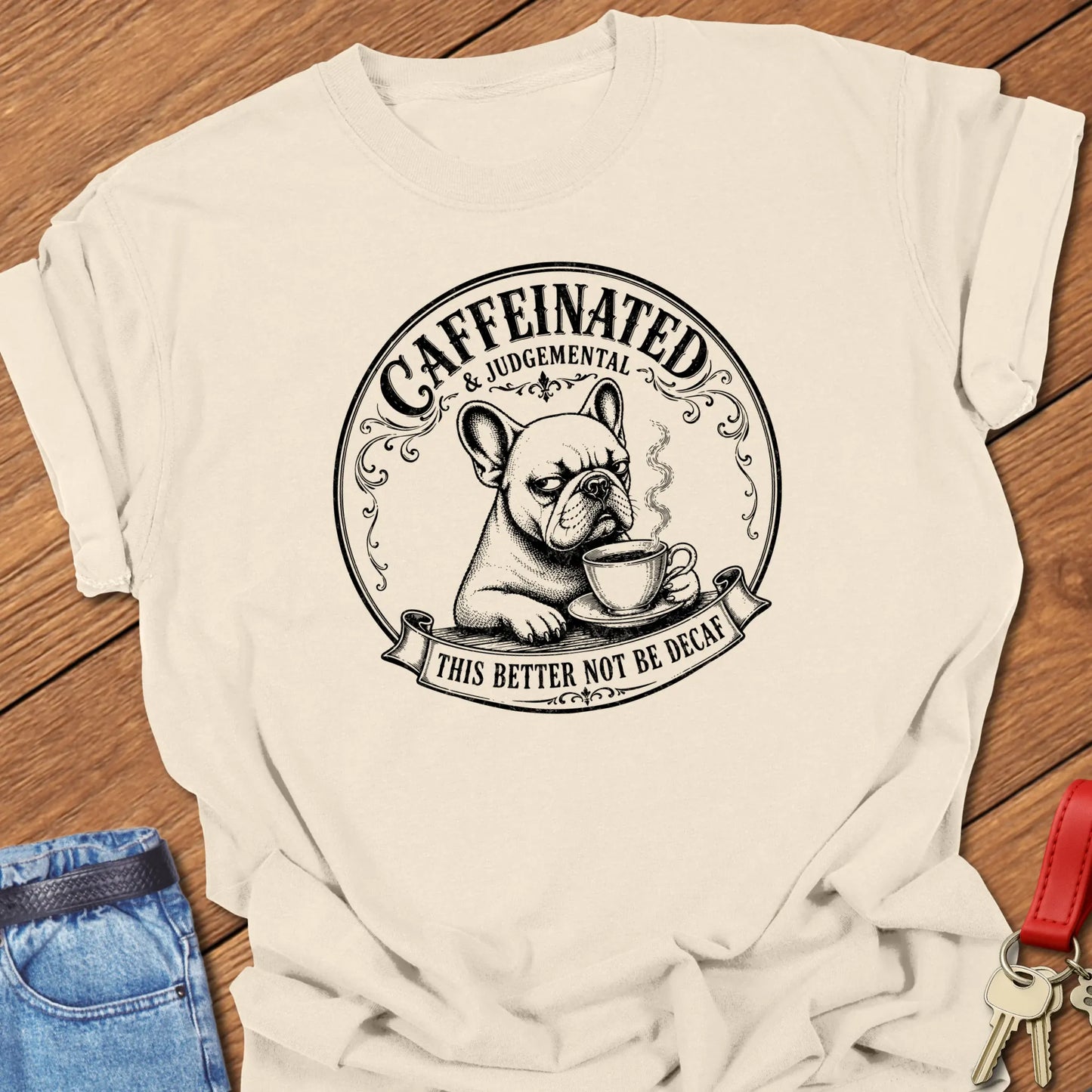 No Decaf French Bulldog graphic t-shirt featuring "Caffeinated & Judgemental" and "This Better Not Be Decaf" slogans with vintage café artwork in Ivory color.