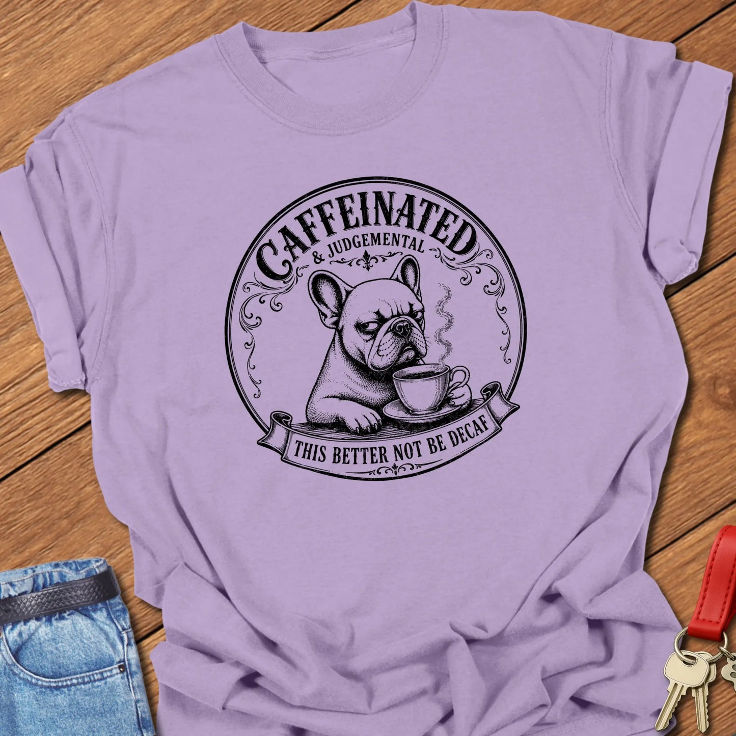 No Decaf French Bulldog graphic t-shirt featuring "Caffeinated & Judgemental" and "This Better Not Be Decaf" slogans with vintage café artwork in Orchid color.