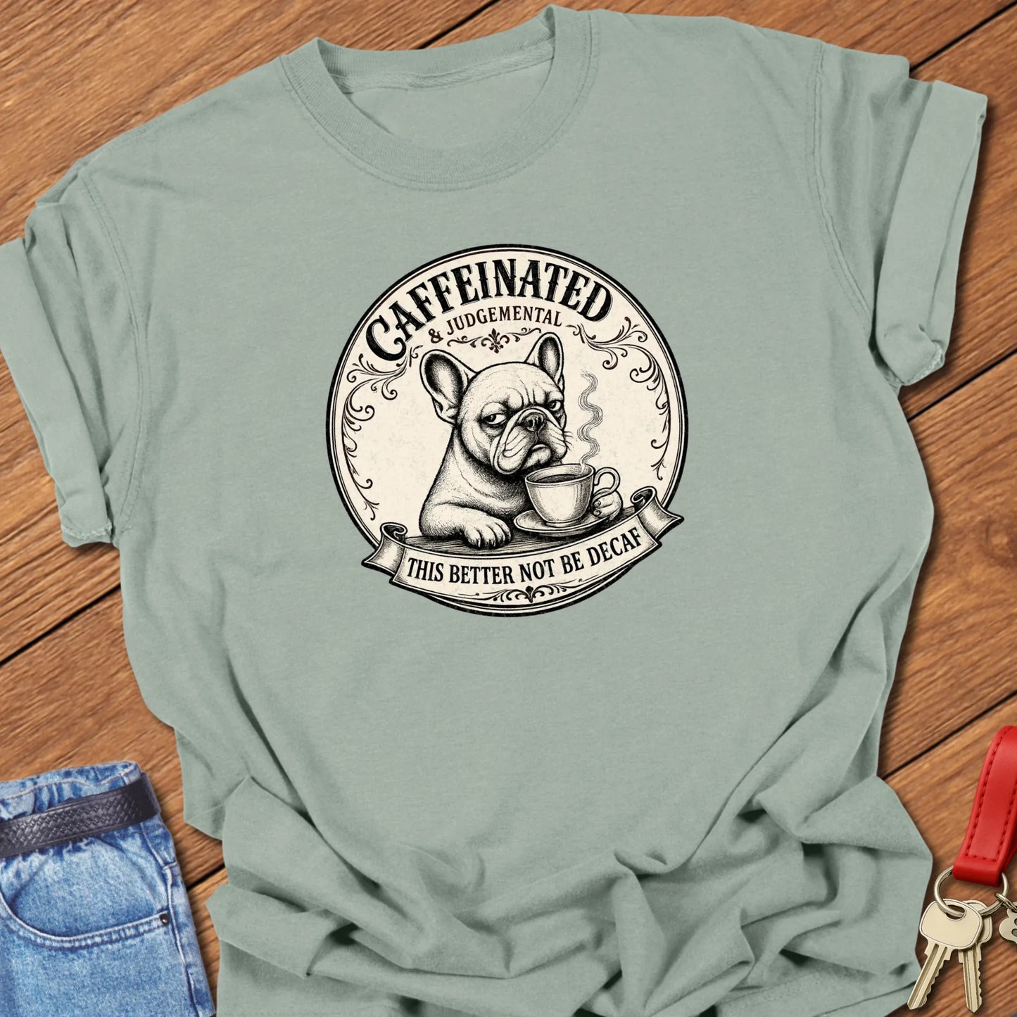 Not Decaf French Bulldog graphic t-shirt featuring "Caffeinated & Judgemental" and "This Better Not Be Decaf" slogans with vintage café artwork in Bay color.

