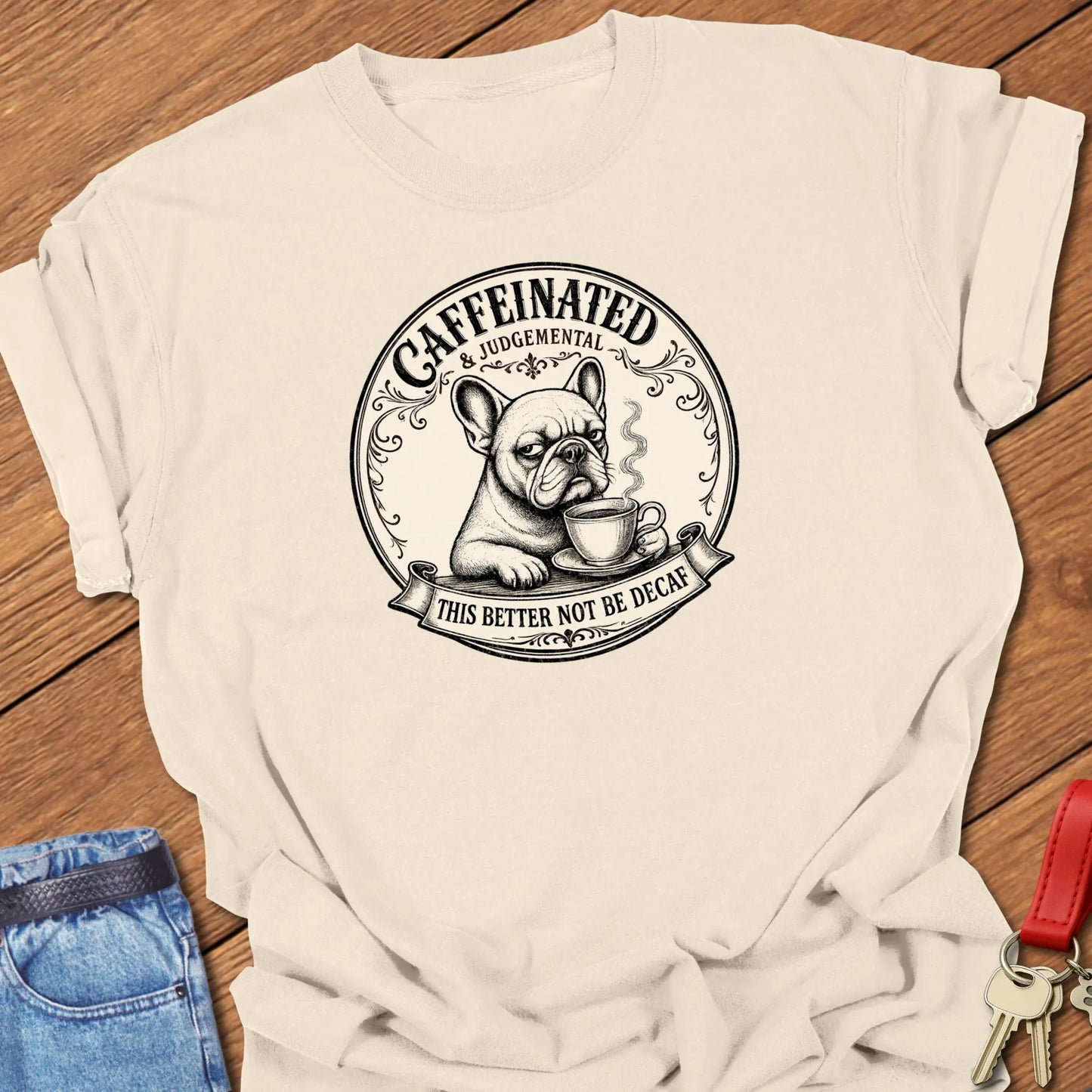 Not Decaf French Bulldog graphic t-shirt featuring "Caffeinated & Judgemental" and "This Better Not Be Decaf" slogans with vintage café artwork in Ivory color.
