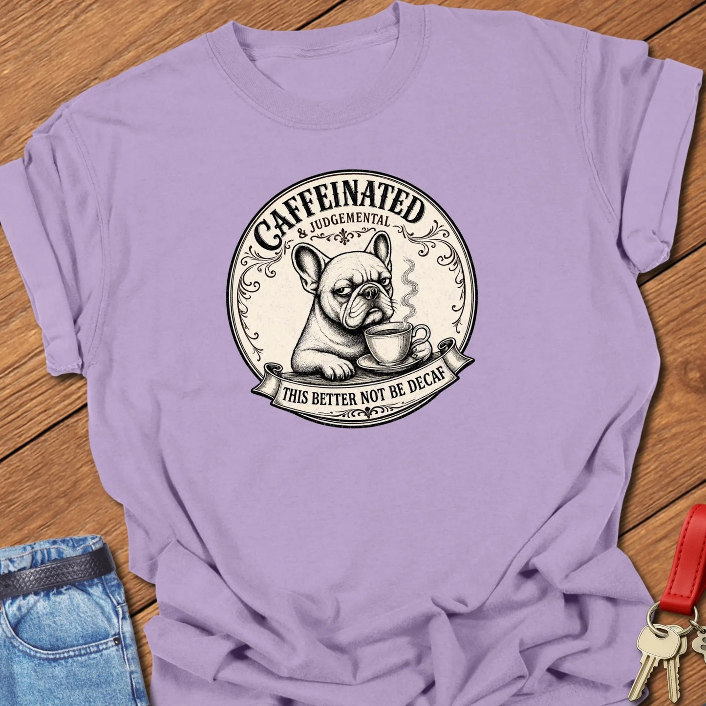 Not Decaf French Bulldog graphic t-shirt featuring "Caffeinated & Judgemental" and "This Better Not Be Decaf" slogans with vintage café artwork in Orchid color.

