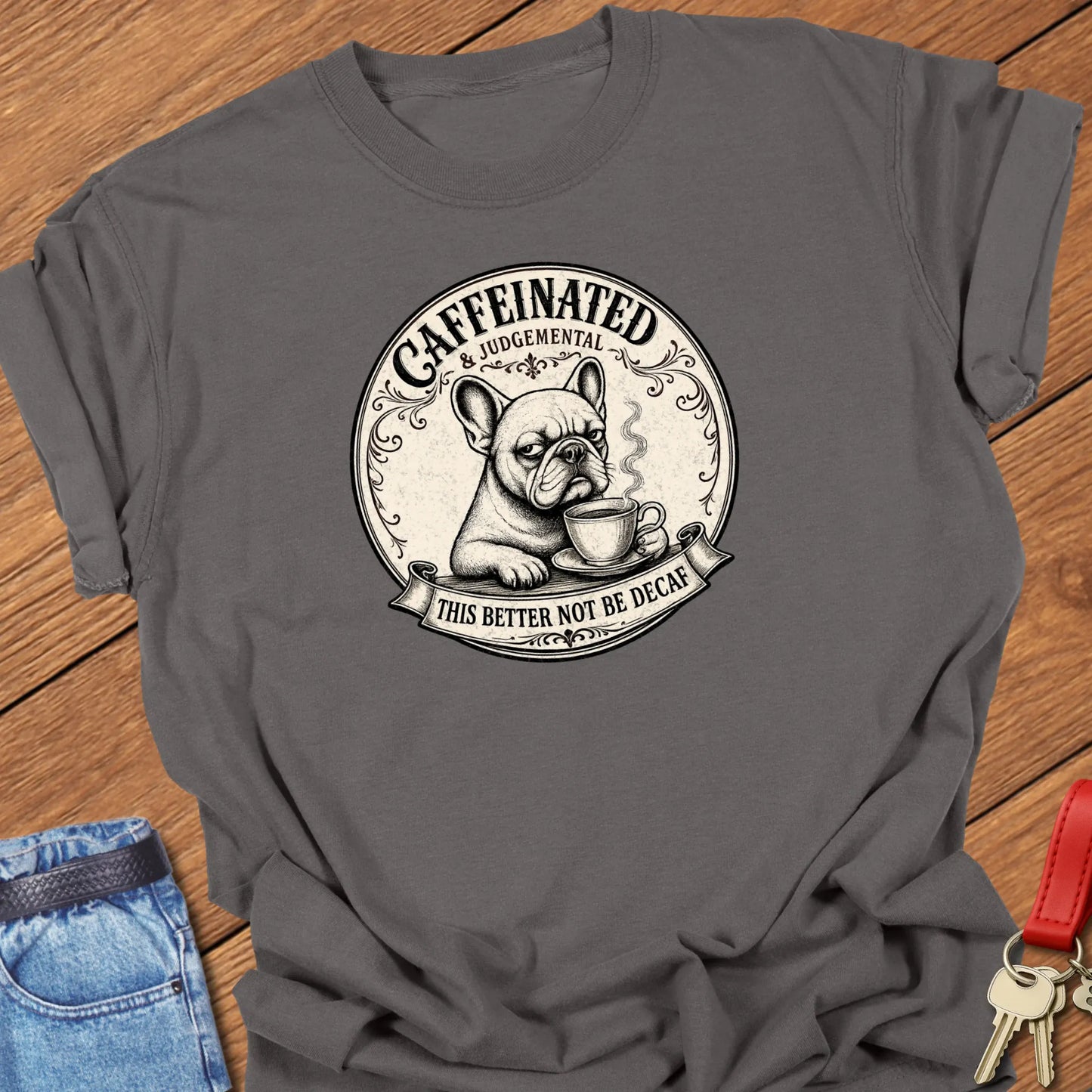 Not Decaf French Bulldog graphic t-shirt featuring "Caffeinated & Judgemental" and "This Better Not Be Decaf" slogans with vintage café artwork in Pepper color.
