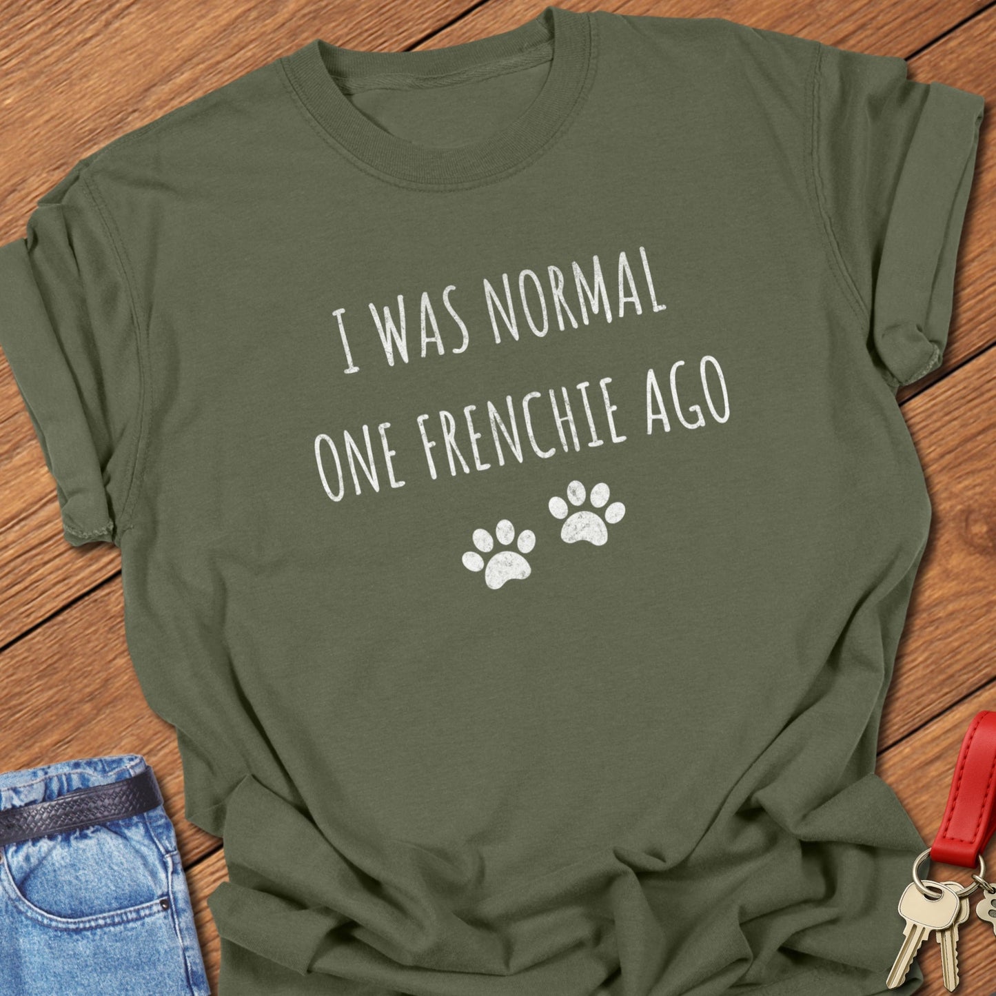 French bulldog minimalist text and paw print design printed on hemp Comfort Colors t shirt
