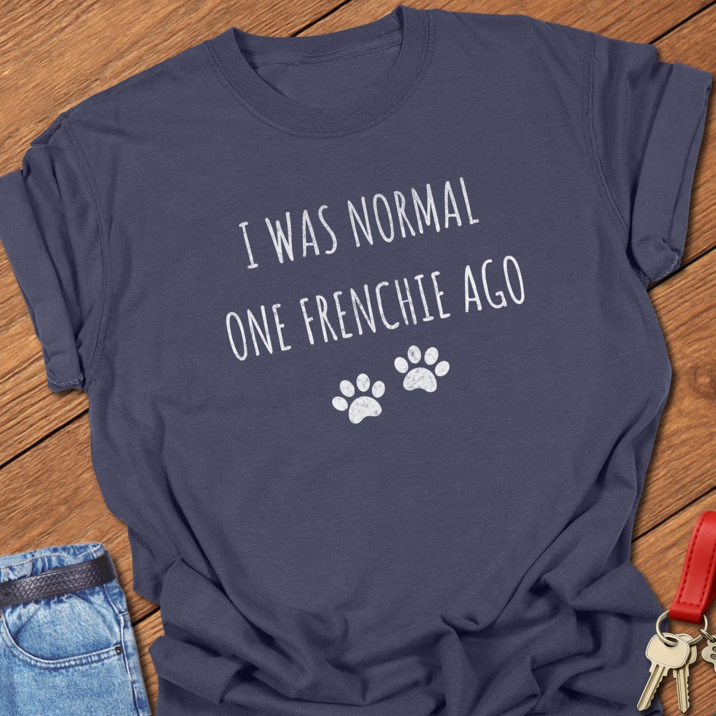 French bulldog humorous text graphic with paw prints printed on navy Comfort Colors t shirt