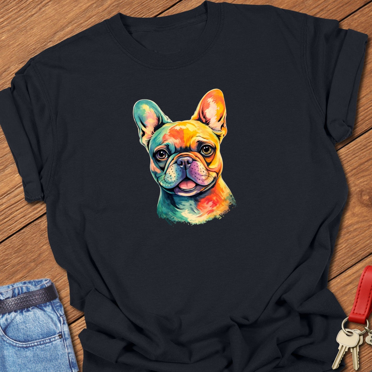 French bulldog colorful painted portrait illustration printed on black Comfort Colors t shirt