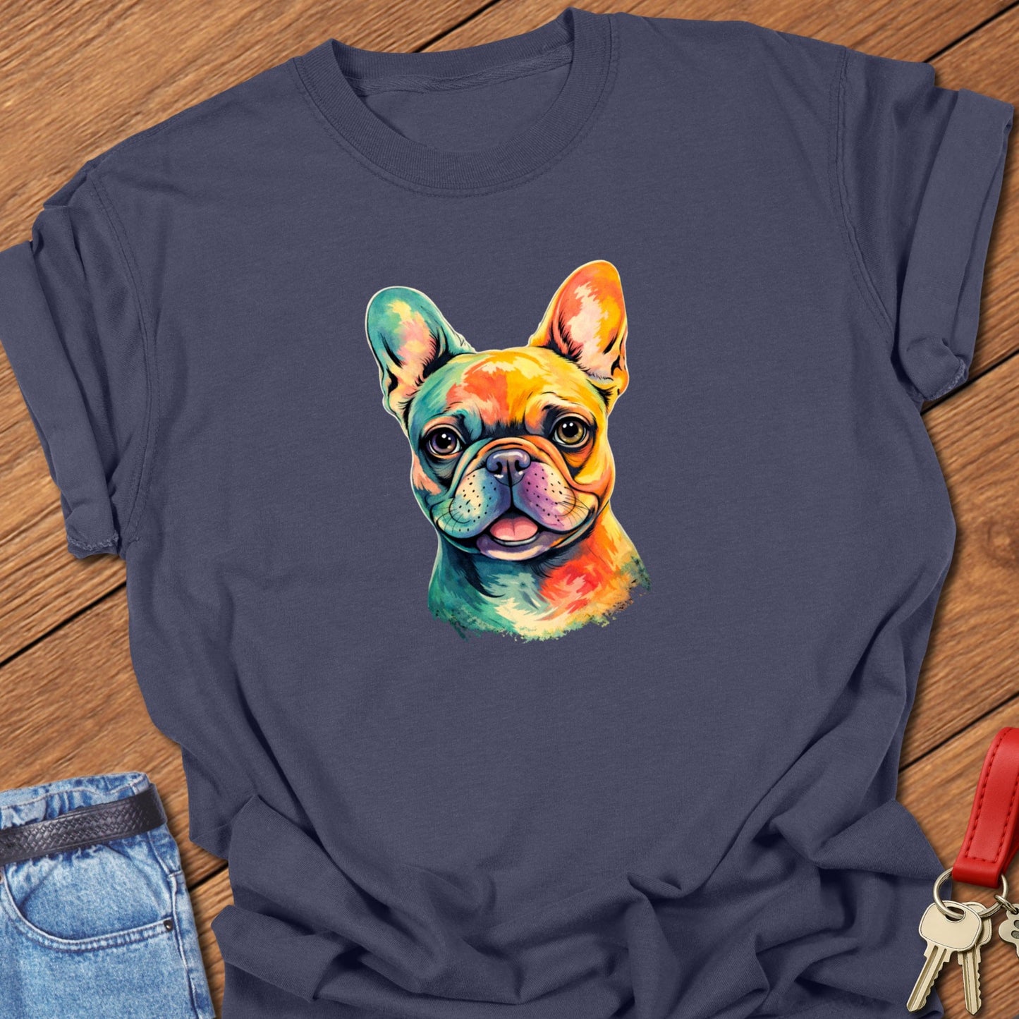 French bulldog colorful painted portrait illustration printed on navy Comfort Colors t shirt