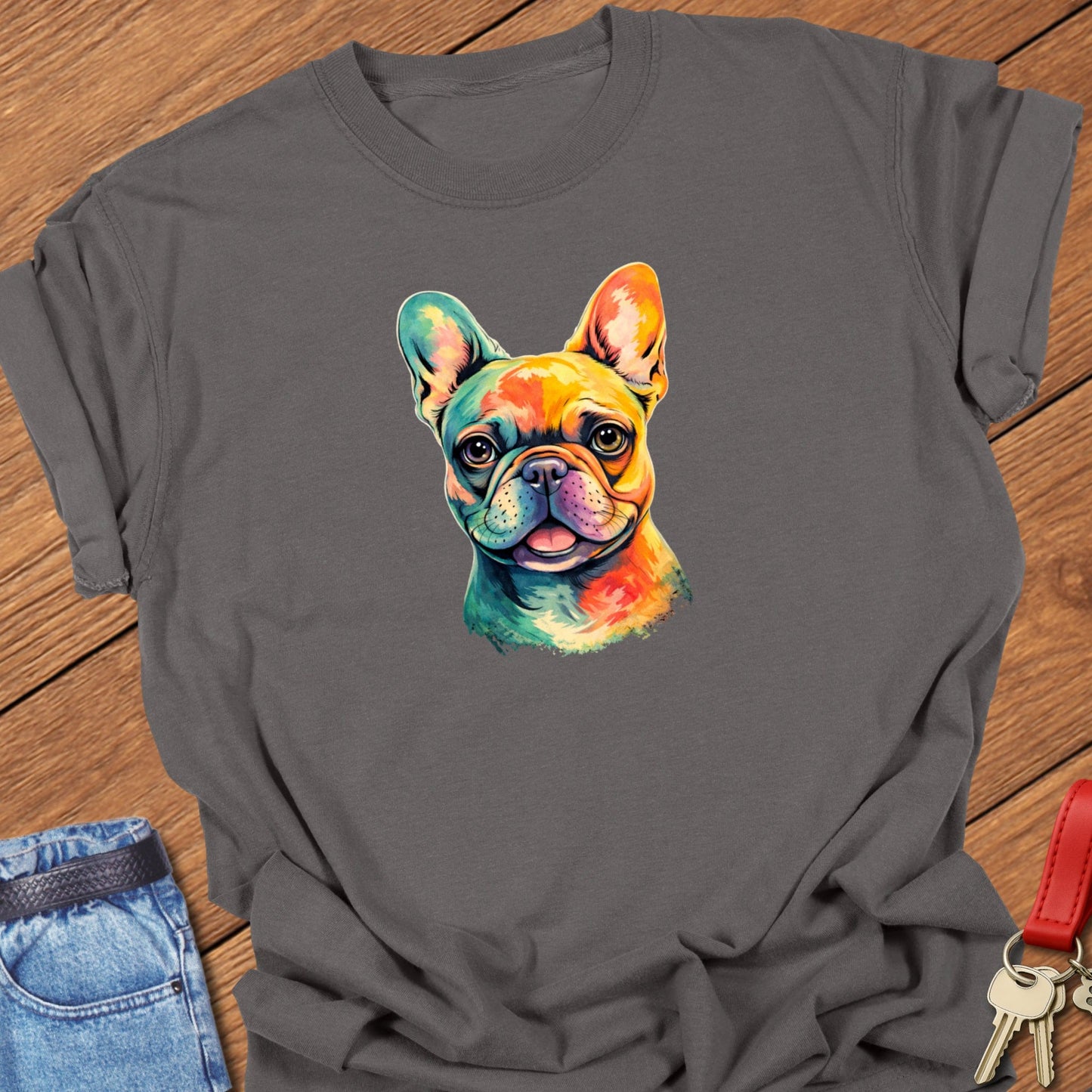 French bulldog colorful painted portrait illustration printed on pepper Comfort Colors t shirt
