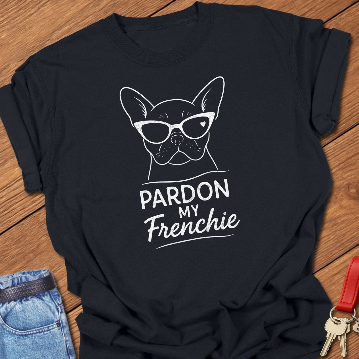 French bulldog pardon my frenchie sunglasses graphic printed on black Comfort Colors t shirt.