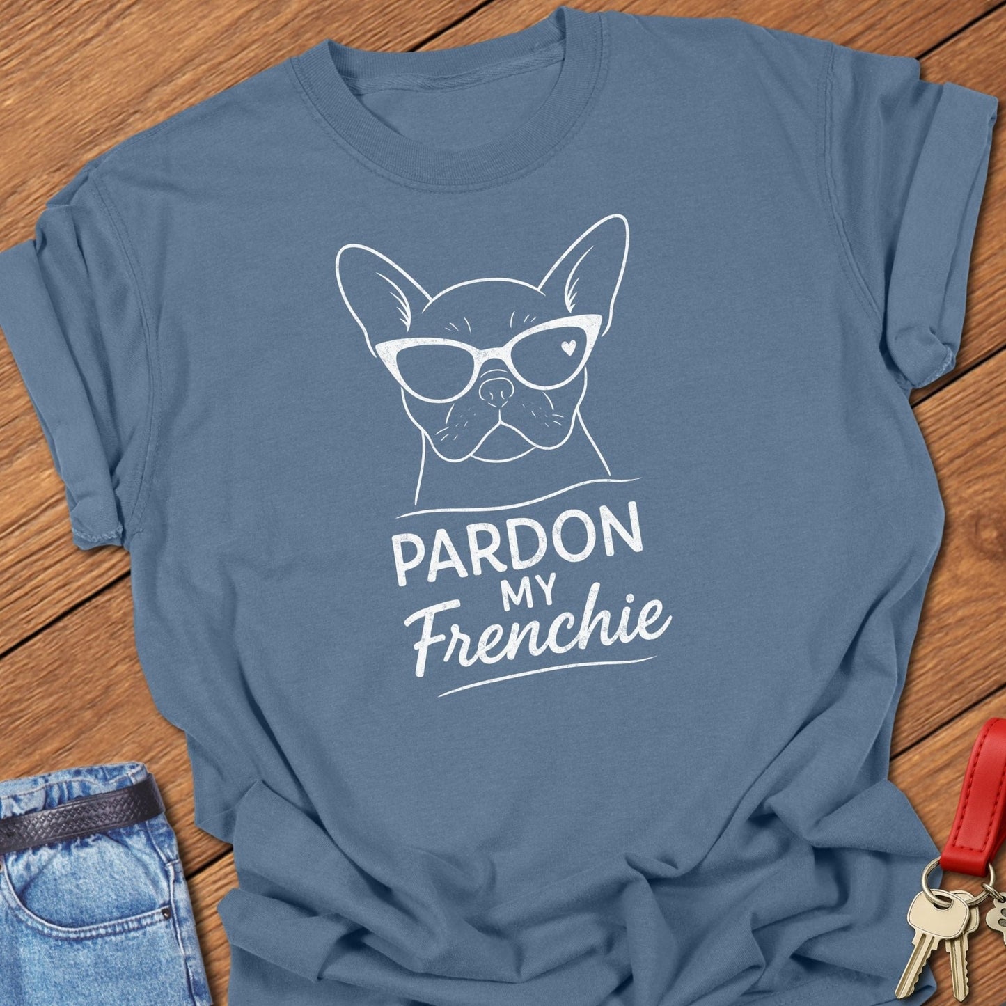 French bulldog pardon my frenchie sunglasses graphic printed on blue jean Comfort Colors t shirt.
