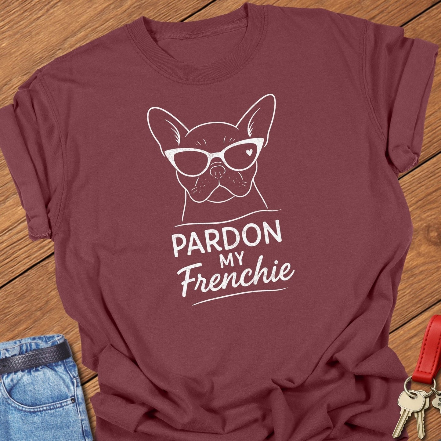 French bulldog pardon my frenchie sunglasses graphic printed on brick Comfort Colors t shirt.