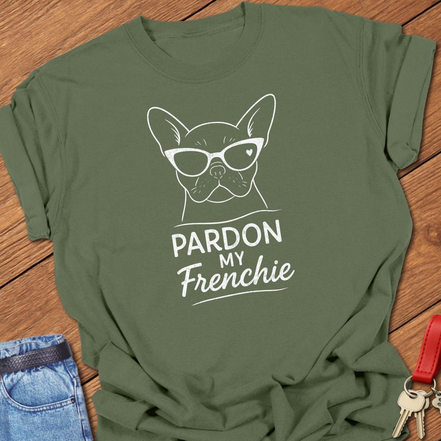 French bulldog pardon my frenchie sunglasses graphic printed on moss Comfort Colors t shirt.