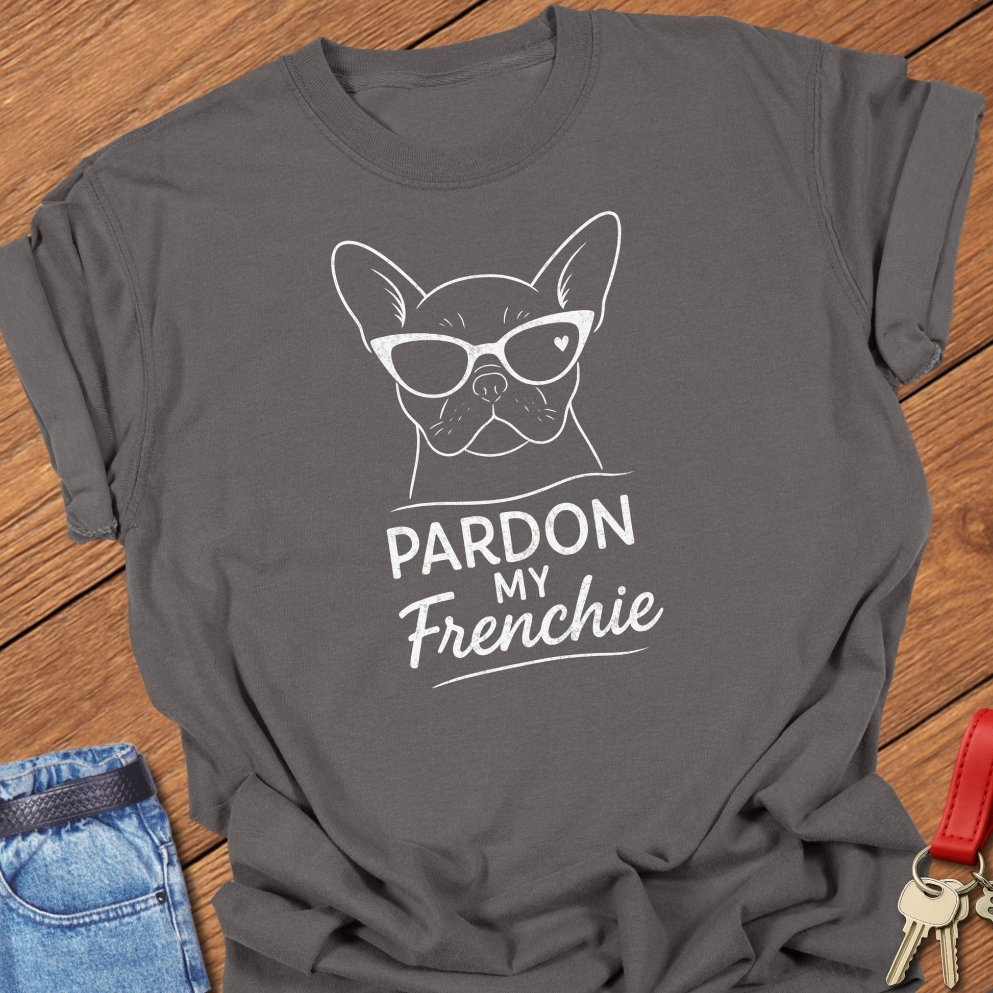 French bulldog pardon my frenchie sunglasses graphic printed on pepper Comfort Colors t shirt.