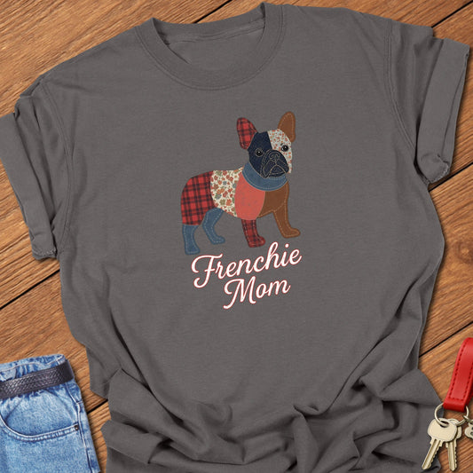 French bulldog patchwork-style illustration with mixed fabric textures and “Frenchie Mom” lettering printed on pepper Comfort Colors t shirt
