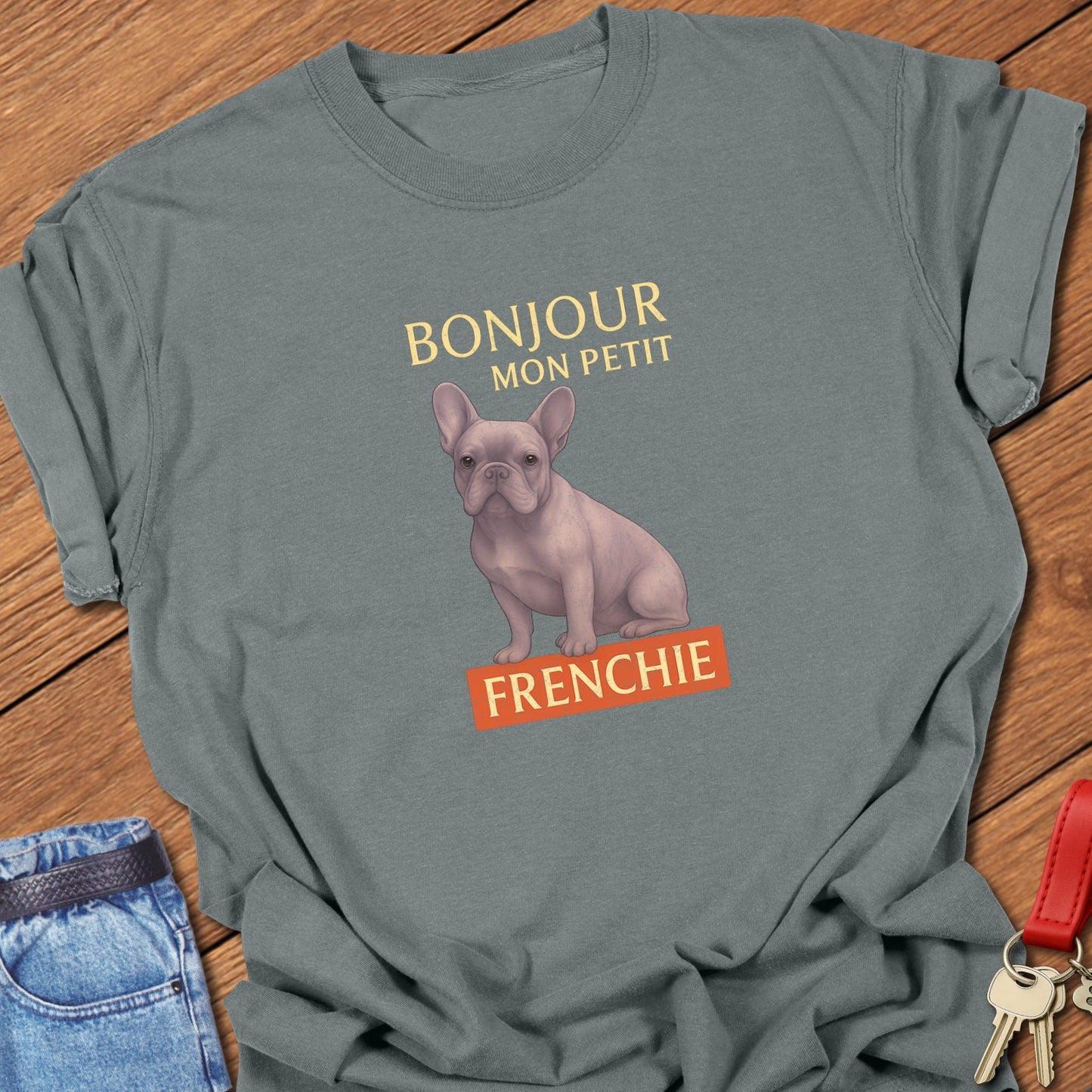 French bulldog vintage French typography illustration with pastel Frenchie graphic and Bonjour mon petit text printed on granite Comfort Colors t shir