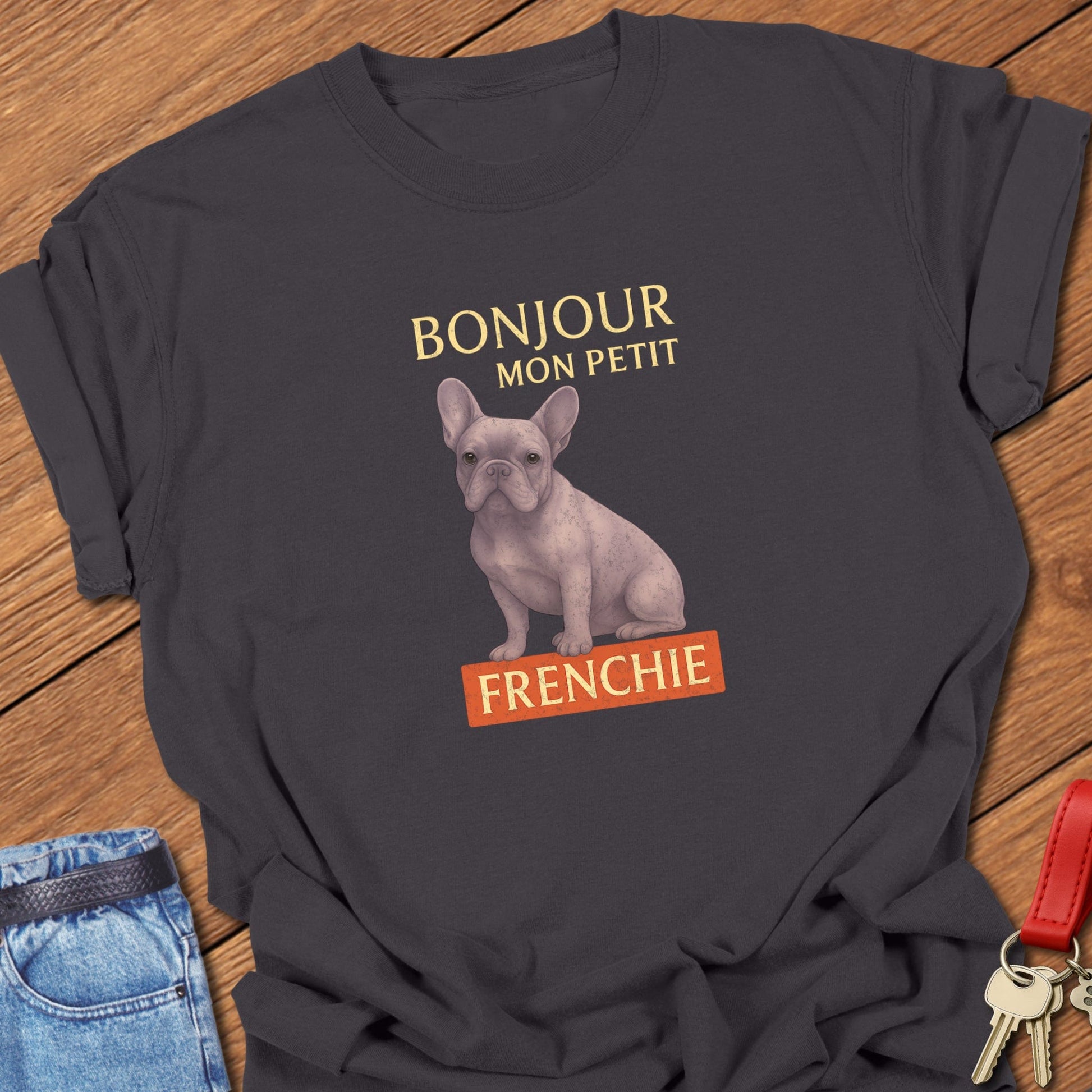 French bulldog vintage French typography illustration with pastel Frenchie graphic and Bonjour mon petit text printed on graphite Comfort Colors t shirt